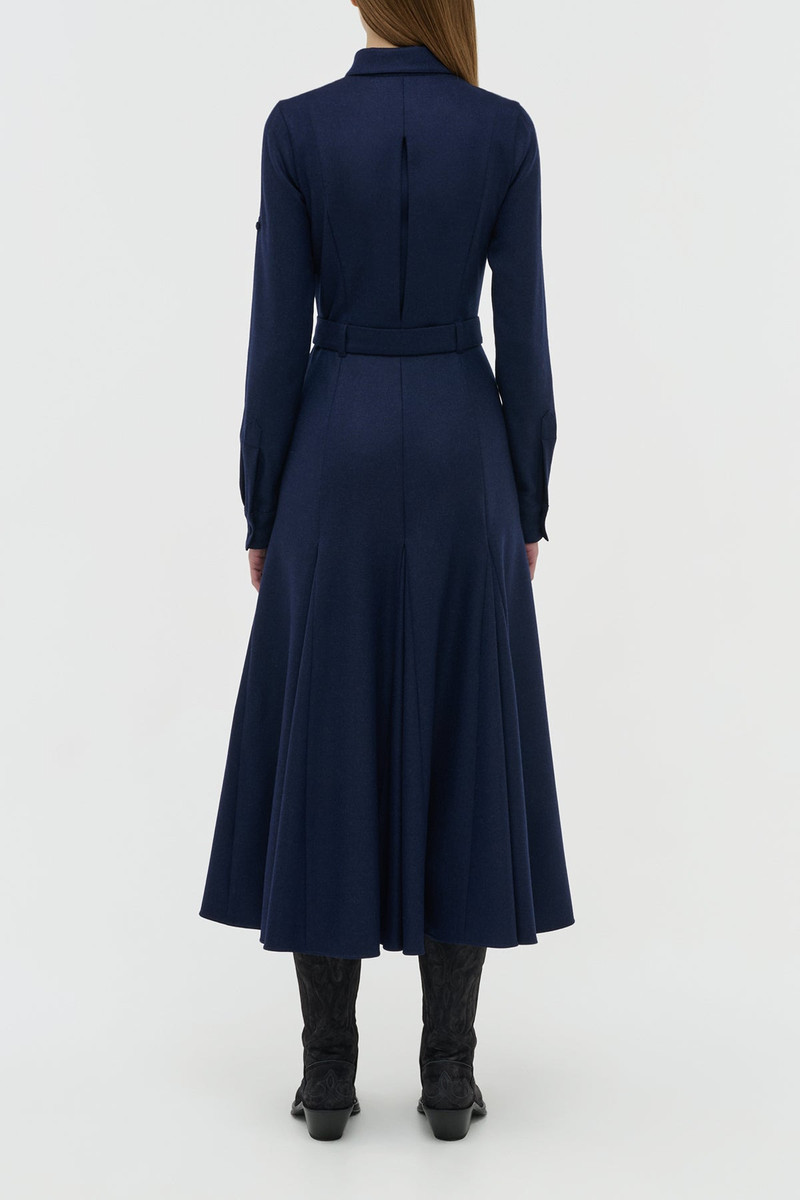 Meyer Pleated Maxi Shirtdress in Navy Wool Cashmere Flannel 5