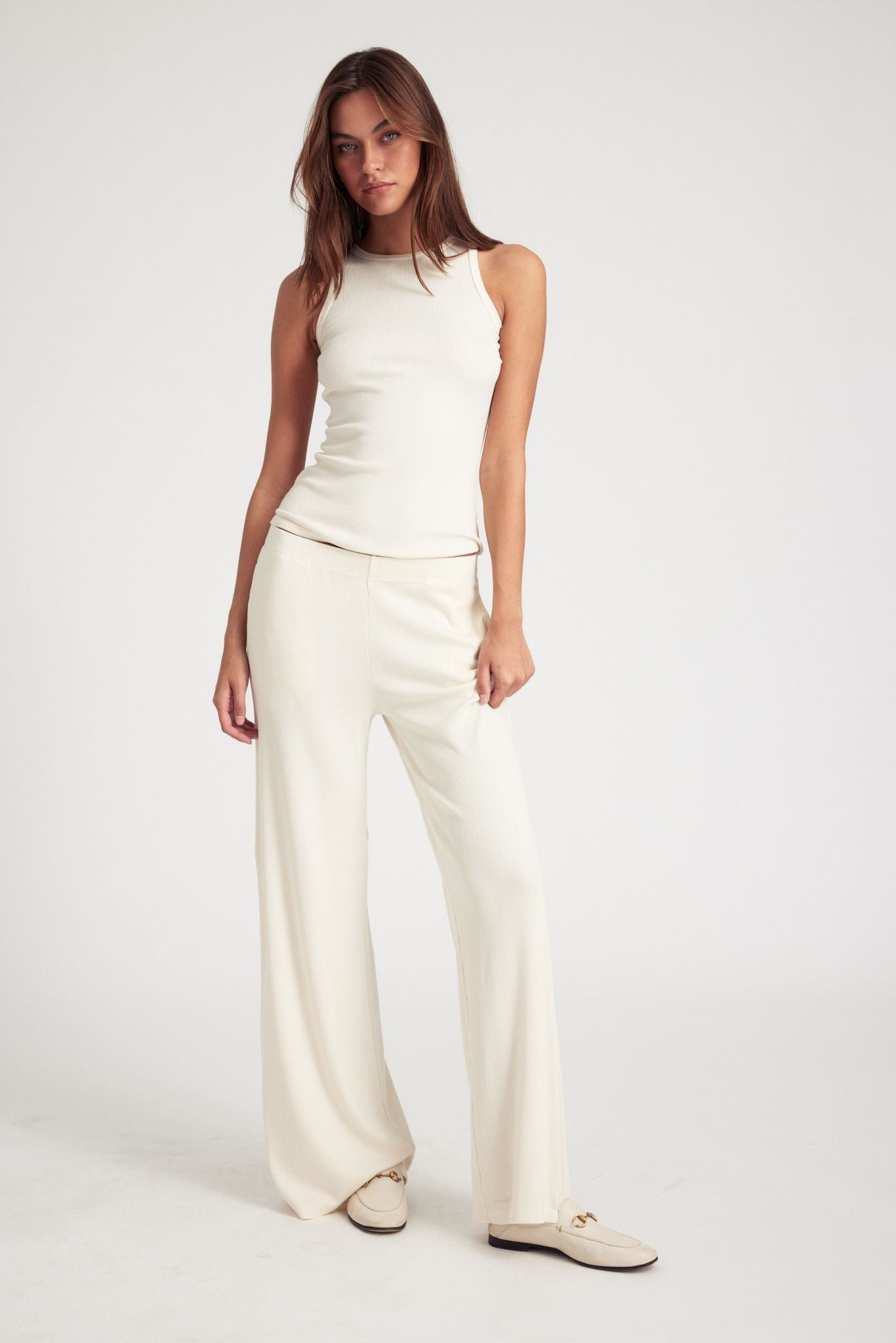 CREME RIB WIDE LEG PANTS - 2