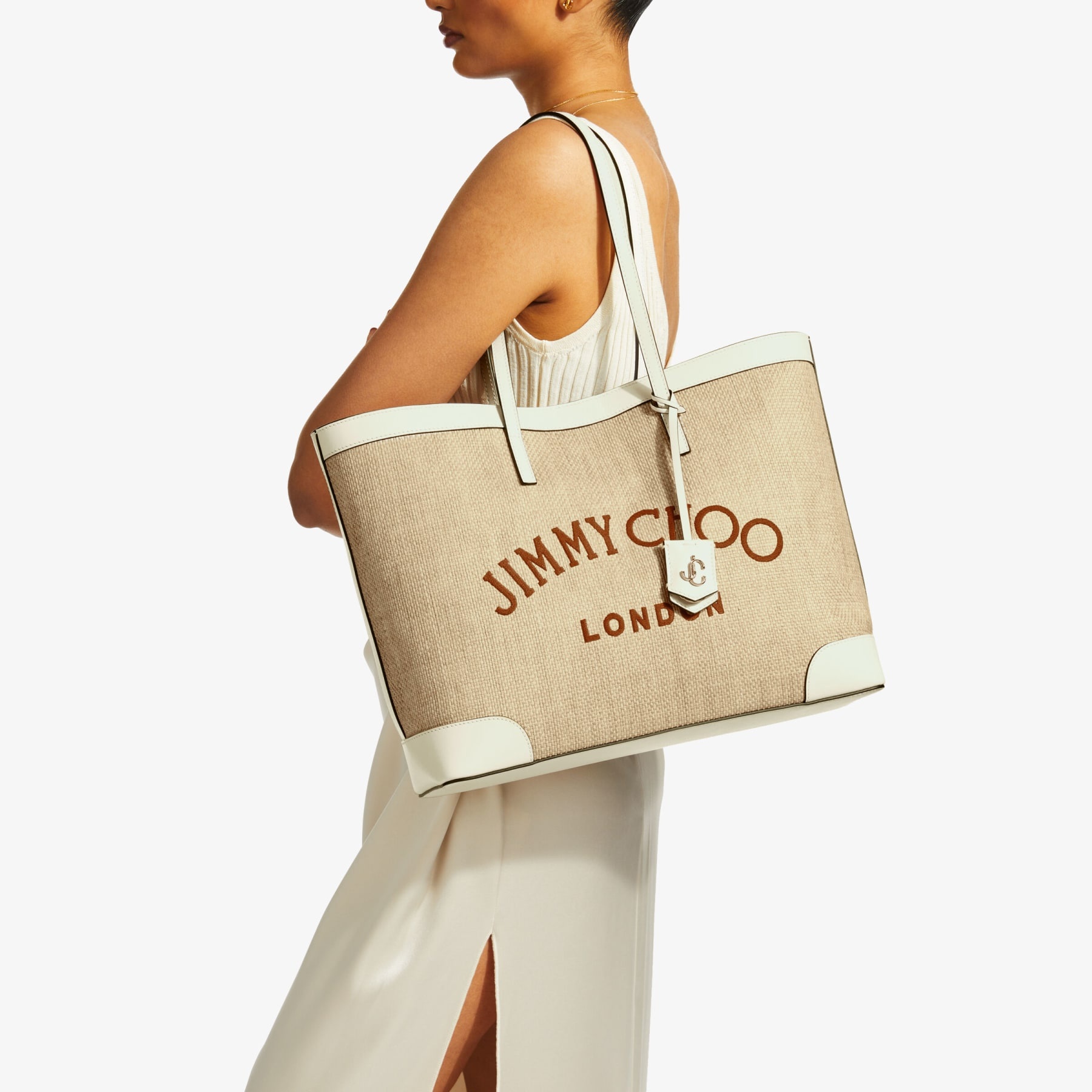 Nine2Five E/W
Natural Raffia and Latte Leather Tote with Tan Logo - 2