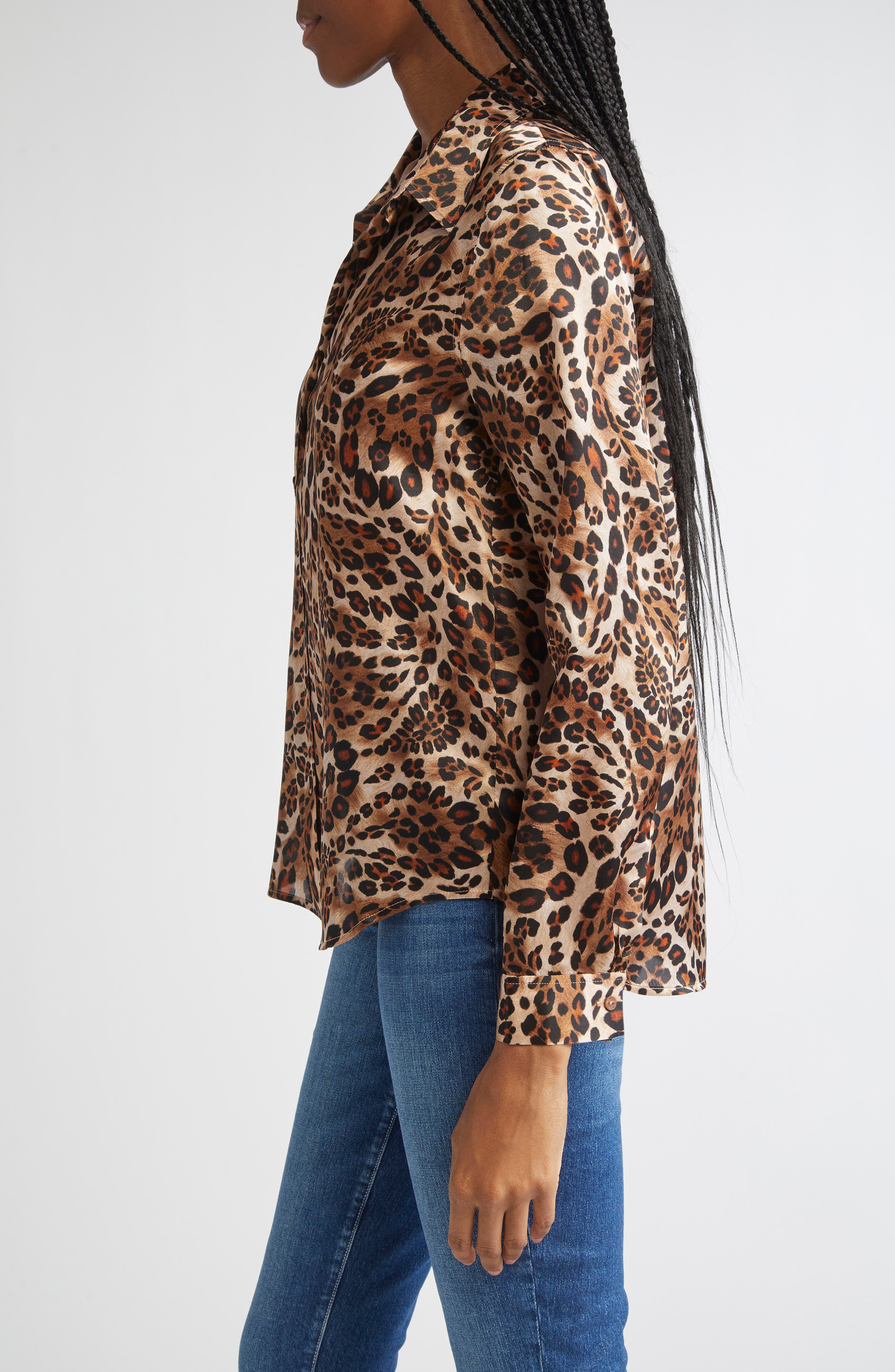 L'AGENCE Tyler Leopard Print Silk Button-Up Shirt in Cinnamon at Nordstrom - 3