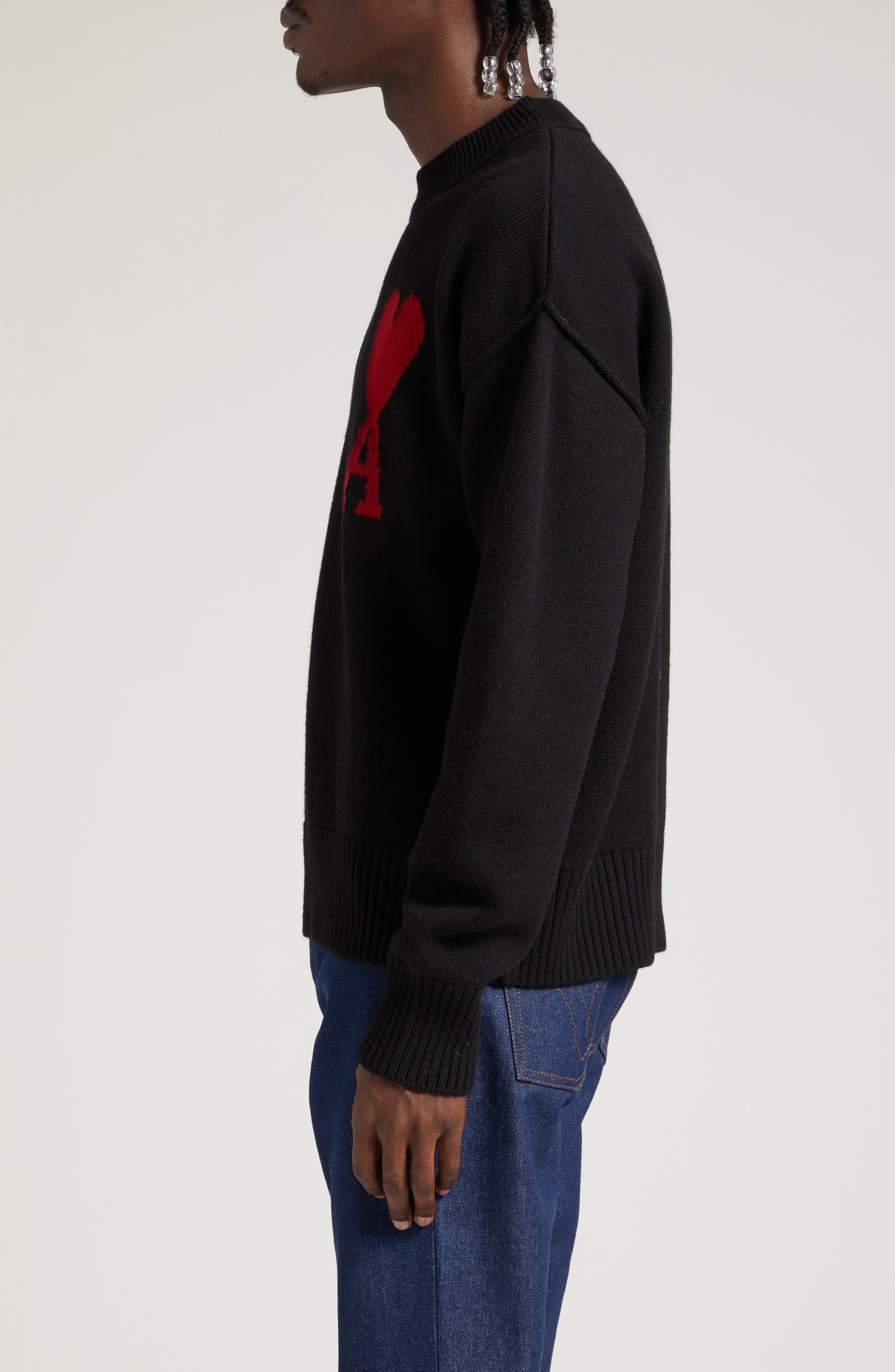 AMI PARIS Ami de Coeur Monogram Crewneck Sweater in 009 Noir/rouge at Nordstrom - 3
