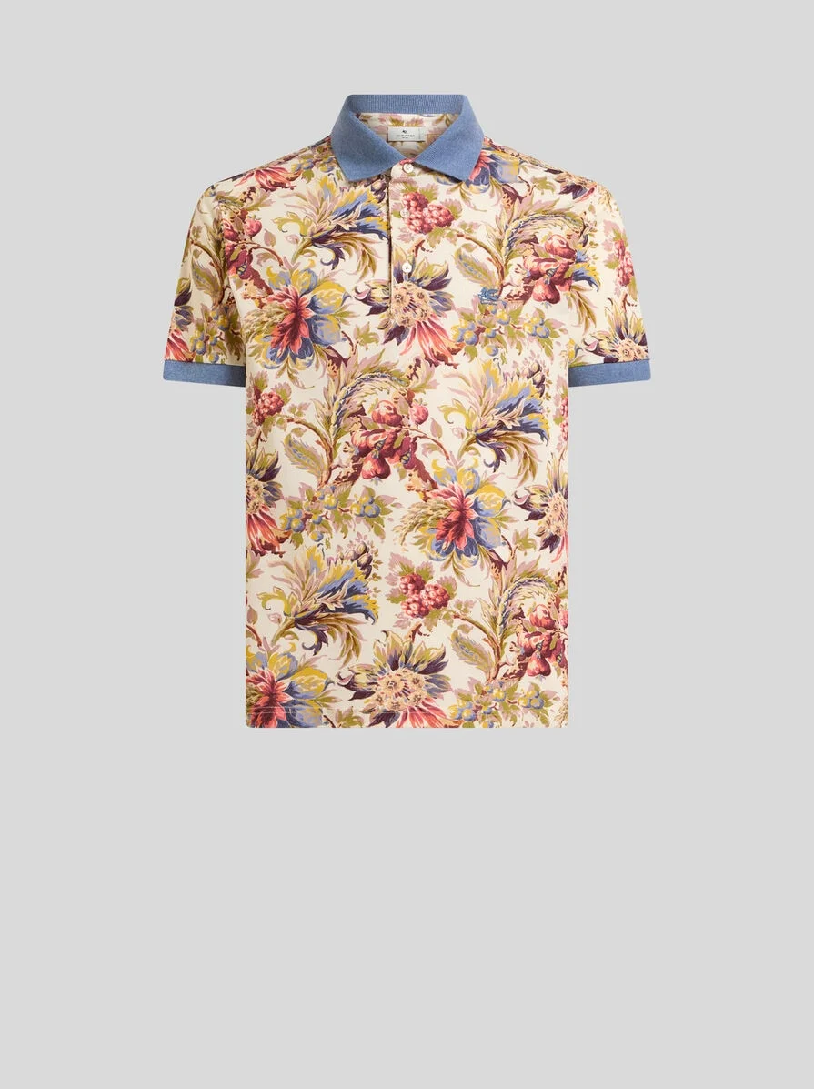 COTTON PIQUE POLO SHIRT WITH PLAIN-COLOUR DETAILS AND FLORAL MOTIF - 1