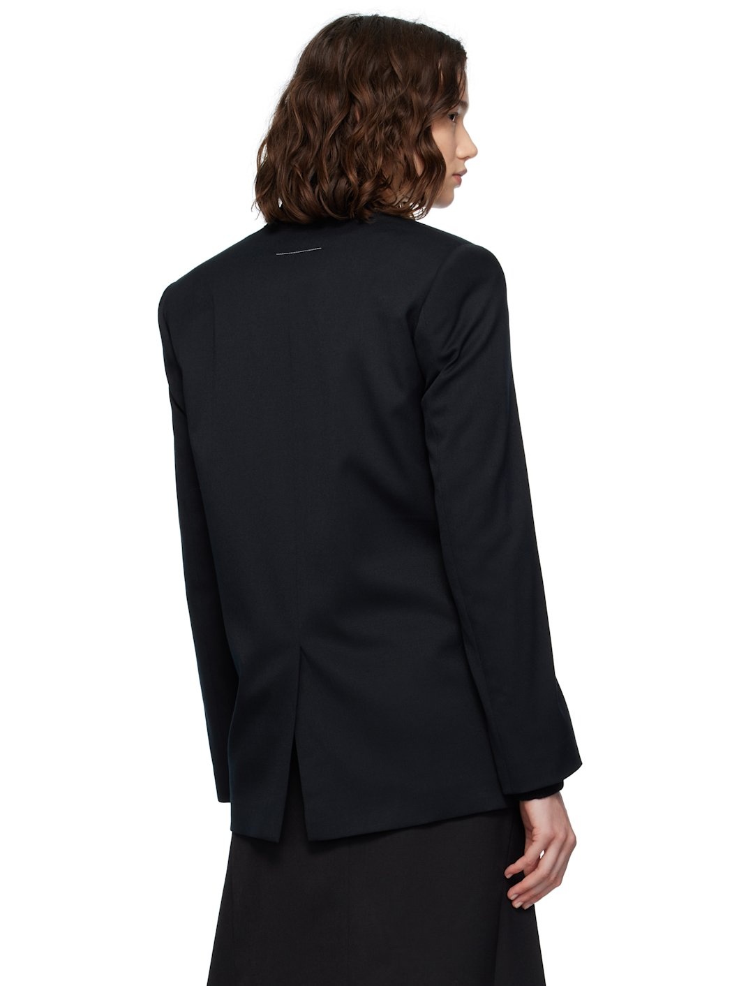 Black Collarless Tailoring Wool Blazer - 3
