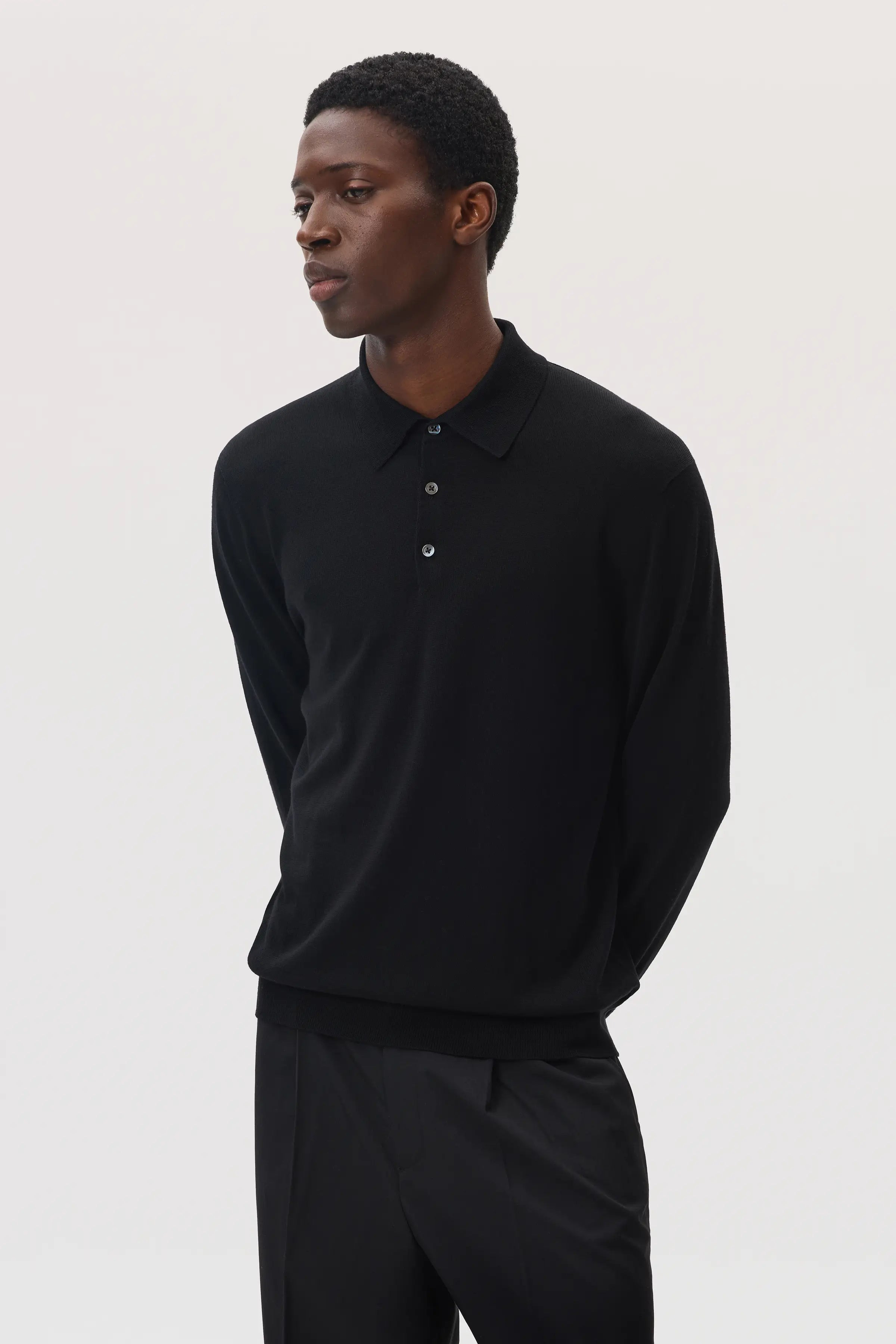 Merino Long Sleeve Black Polo Shirt - 1