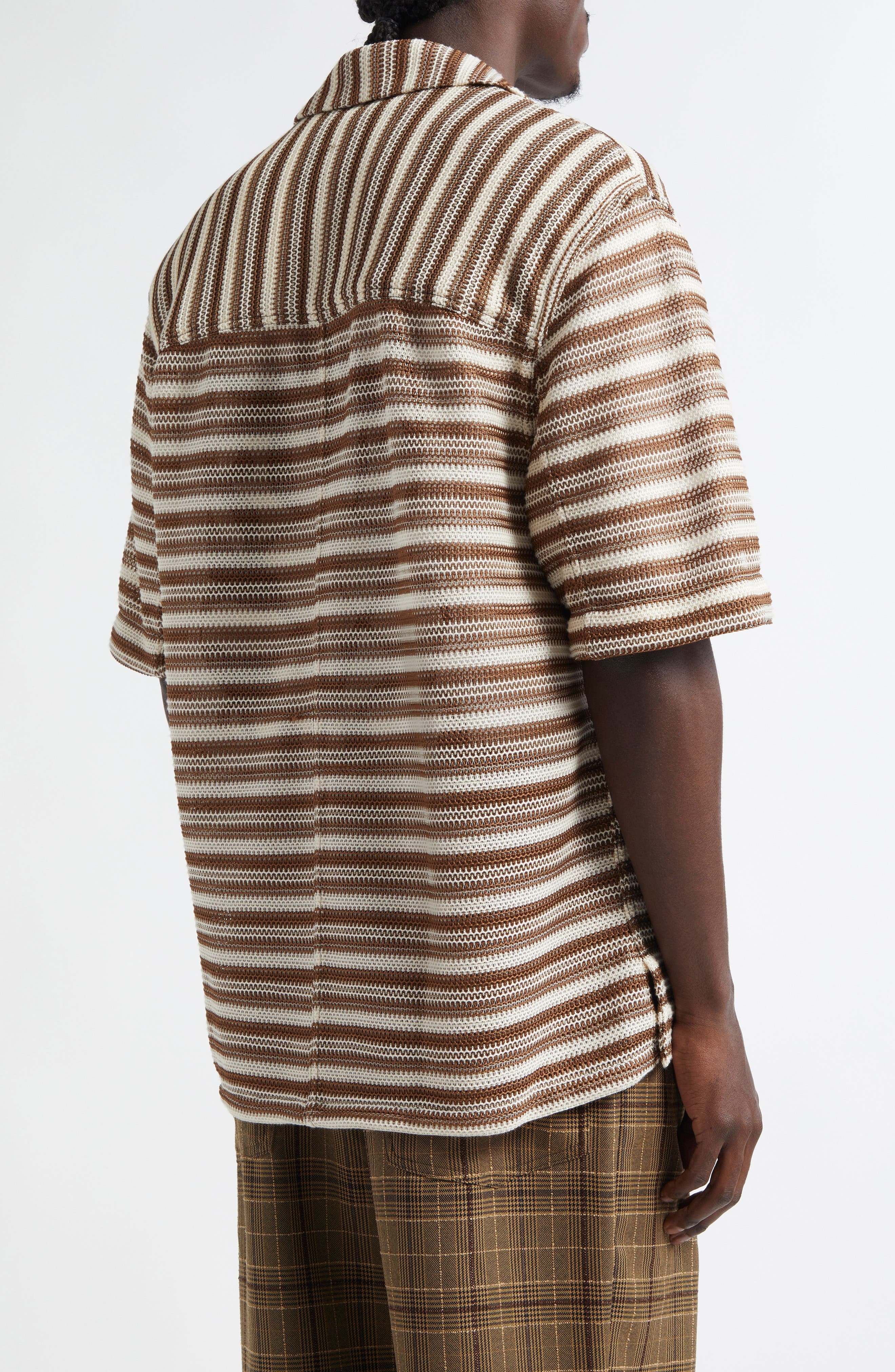SONG FOR THE MUTE Boxy Stripe Zip Shirt in Brown /Ivory at Nordstrom - 3