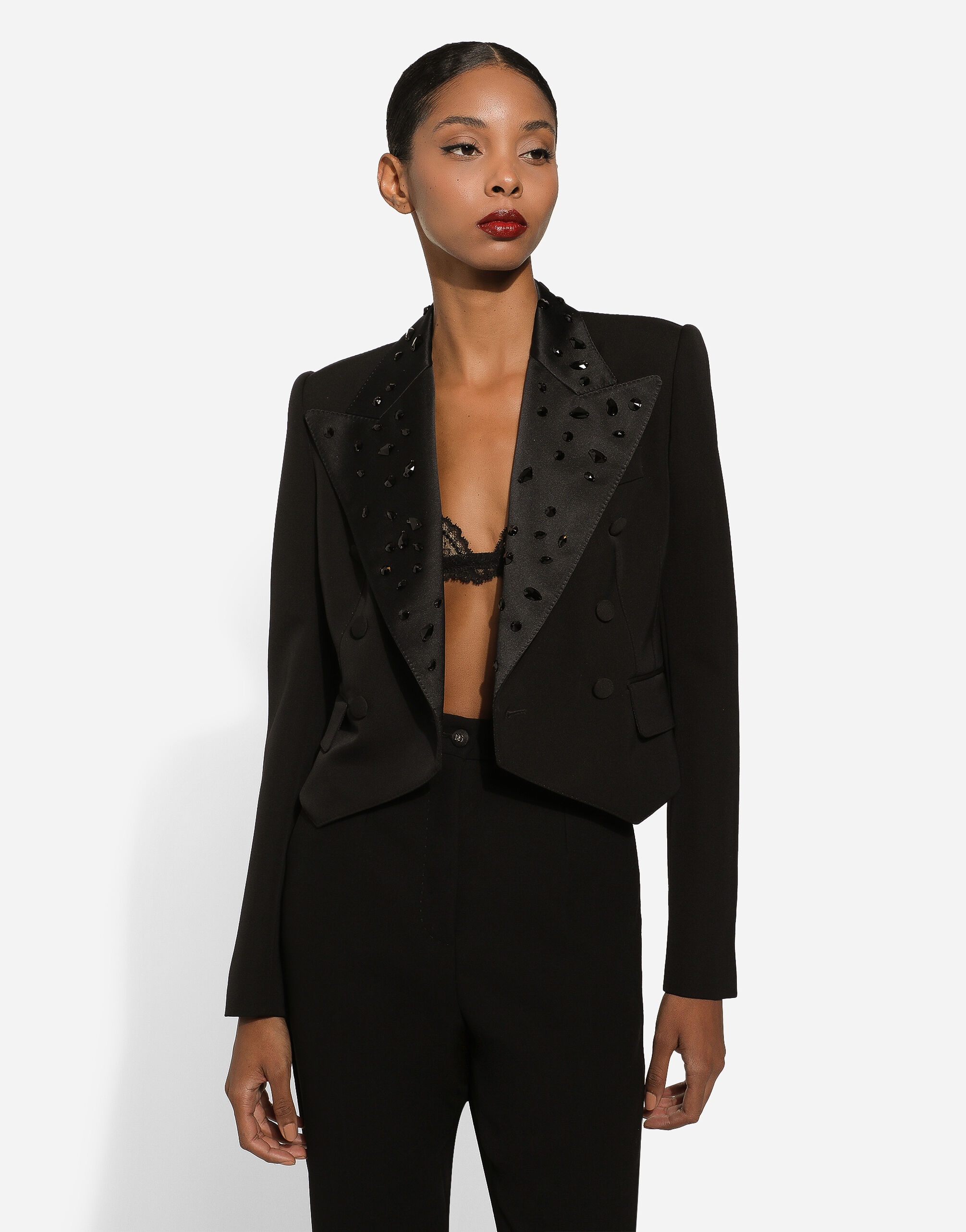 Cropped wool jacket with rhinestone details - 4