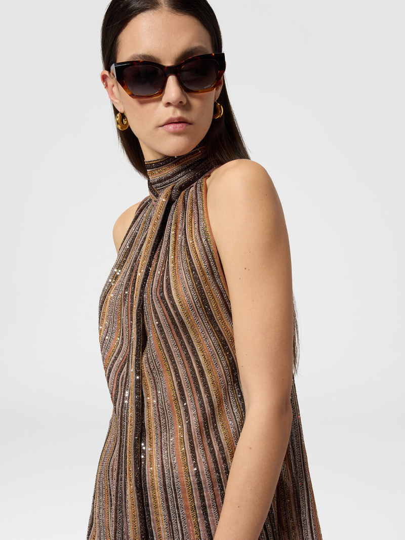 Ribbed Viscose Lamé Sleeveless Top with Scarf Collar 4