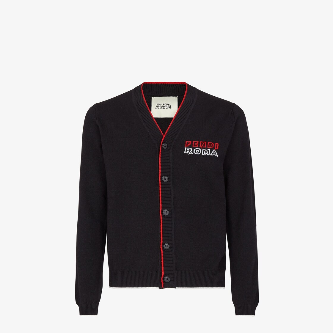 V-neck cardigan fastened with matching buttons. Borders embellished with ribbing. Made in a black kn - 1
