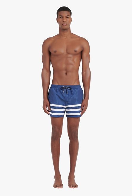 Navy blue swimsuit with Balmain logo print white stripes - 4