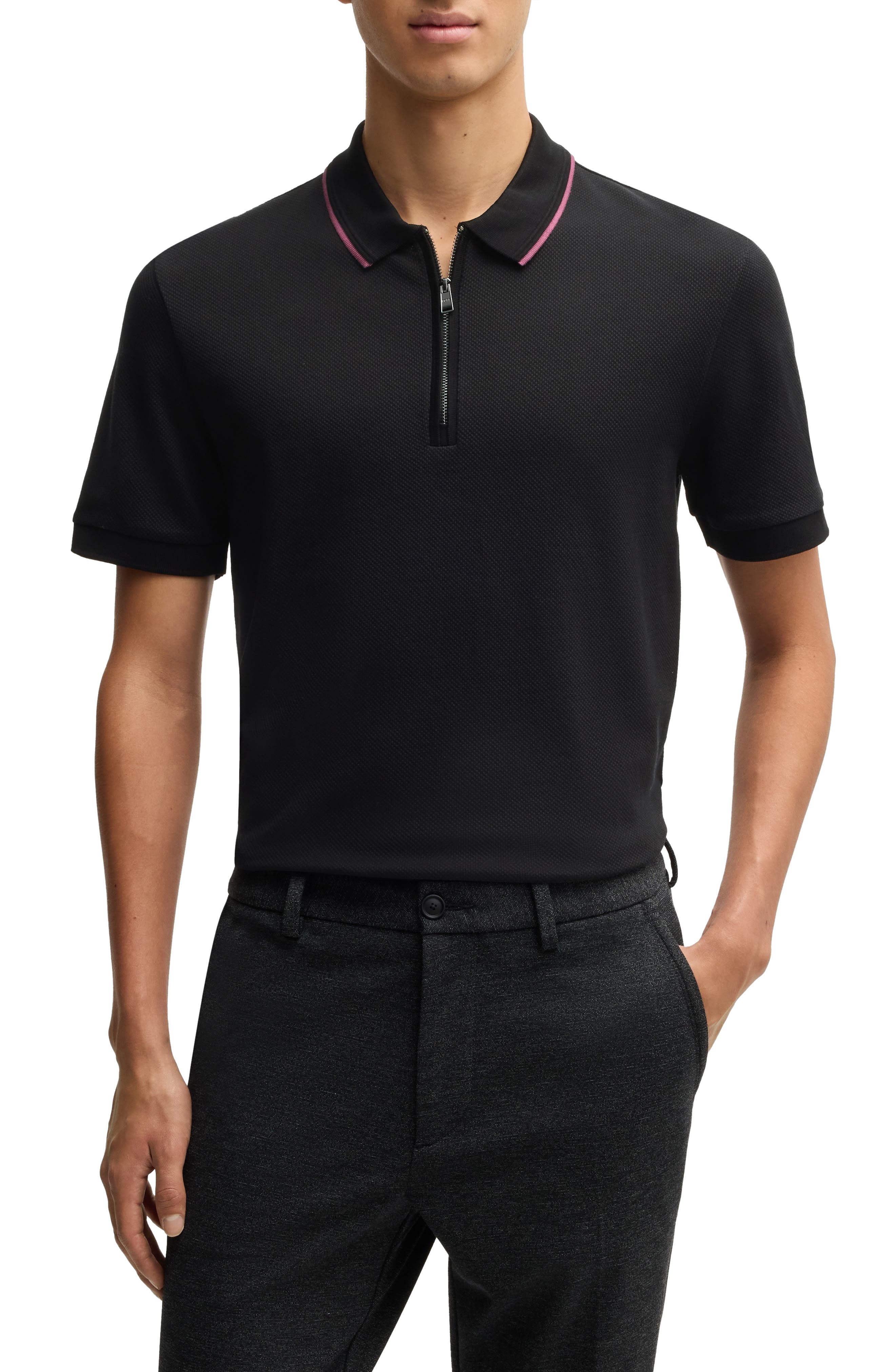 BOSS Paras Quarter Zip Cotton Polo in Black at Nordstrom - 1