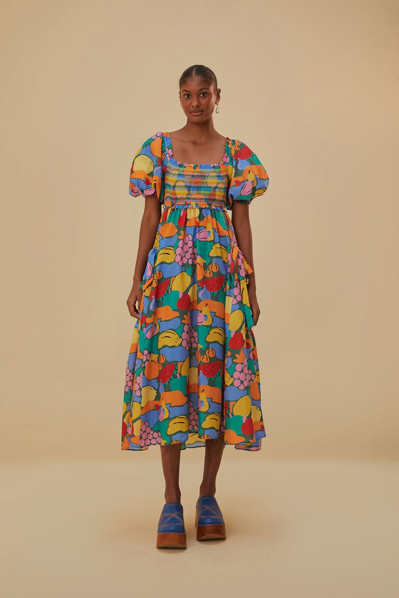 Multicolor Fruit Landscape Short Sleeve Midi Dress 1