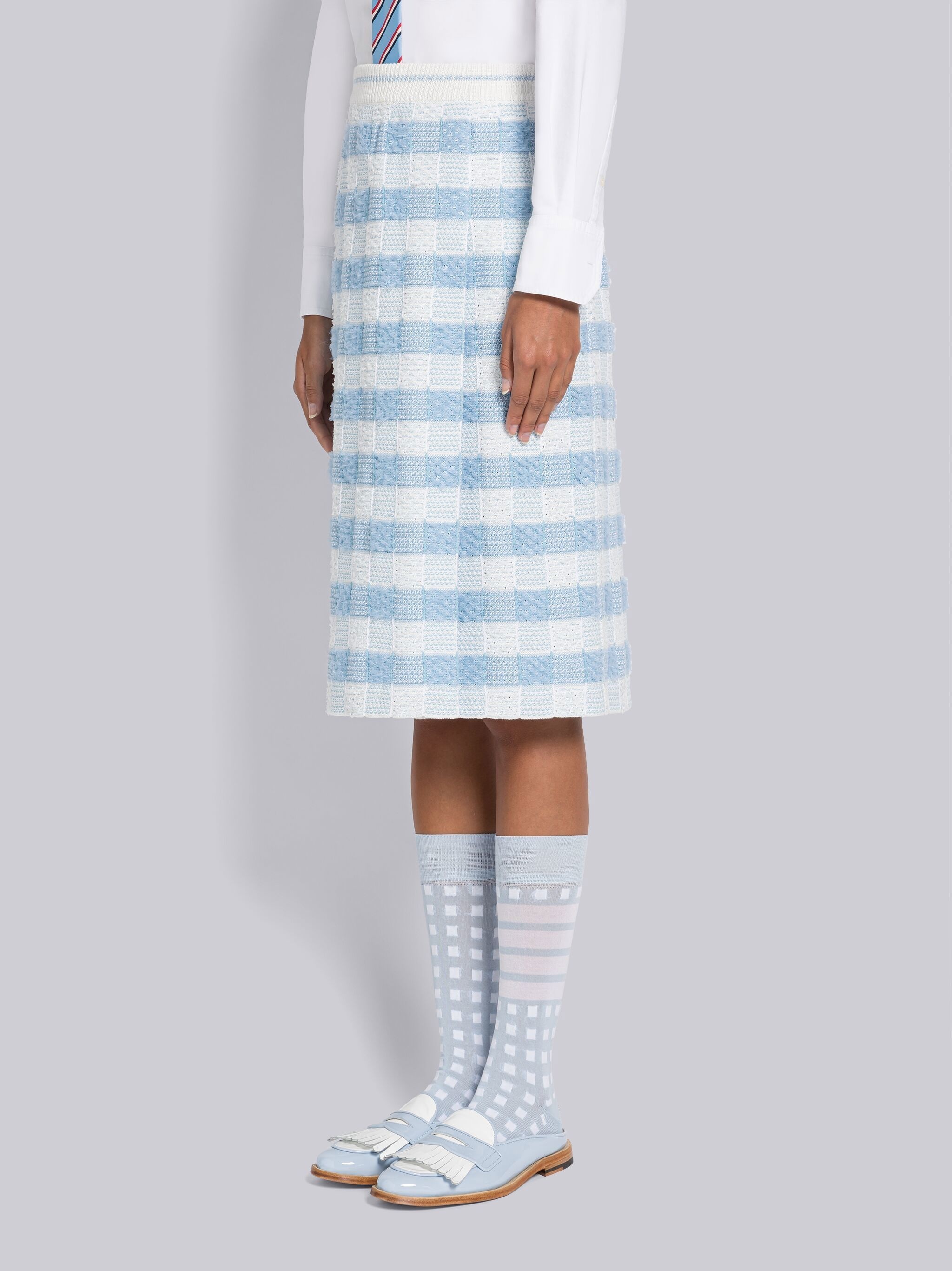 Gingham Inlay Stripe Side Pleat Pencil Skirt - 2