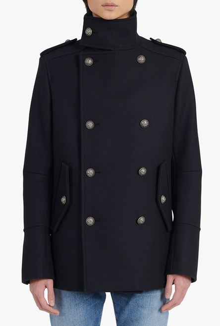 Blue wool military pea coat with double-breasted silver-tone buttoned fastening - 5