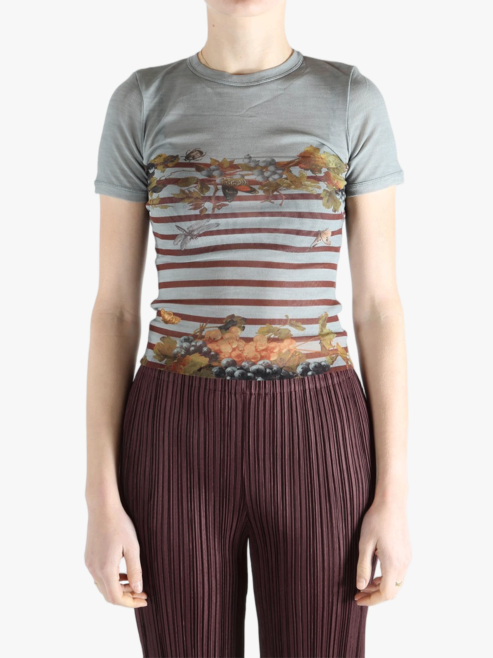 JEAN PAUL GAULTIER - Women Printed "MarinièreGrape" Mesh Baby Tee - 1