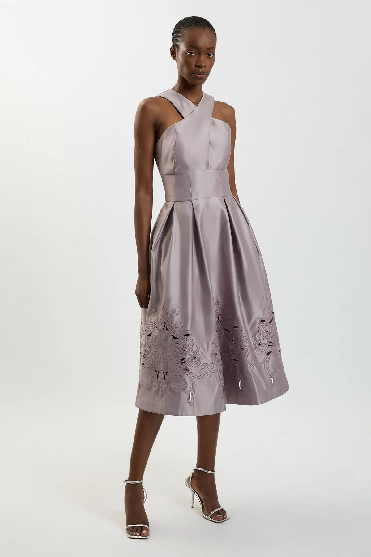 Tailored Satin Cutwork Halter Midi Dress - 1