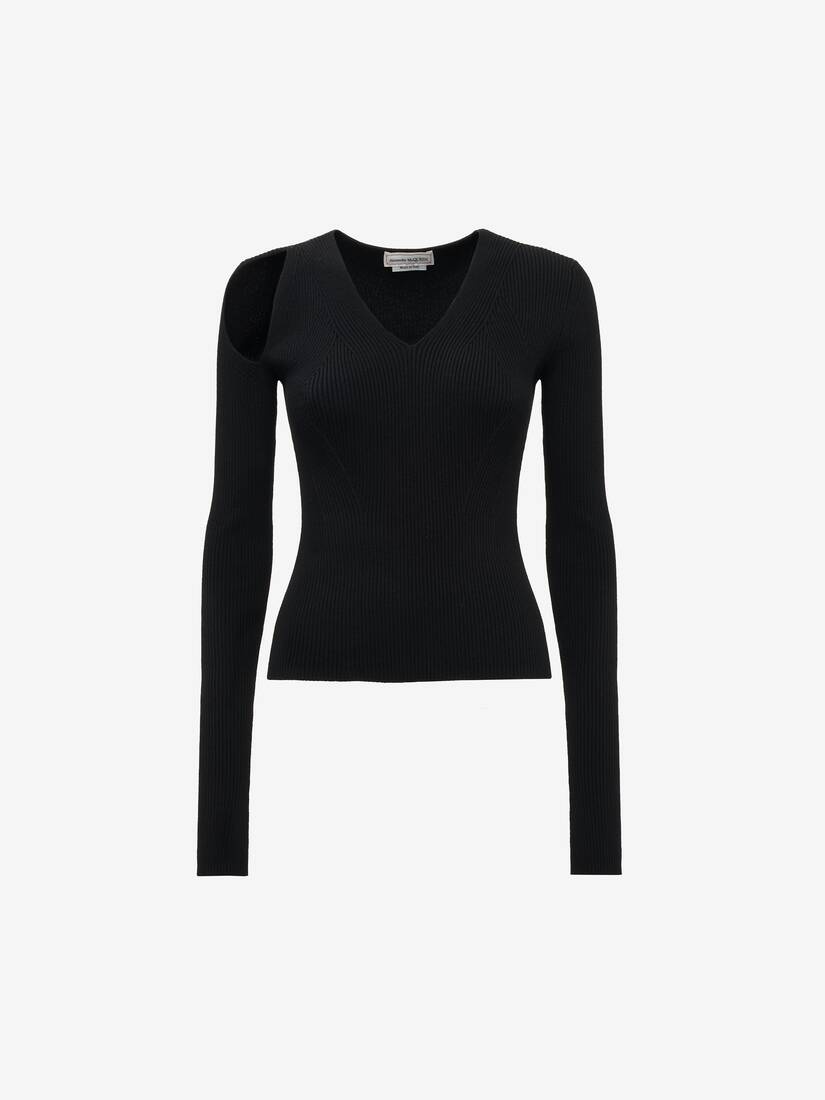 Women's Slashed Ribbed-knit Jumper in Black - 1