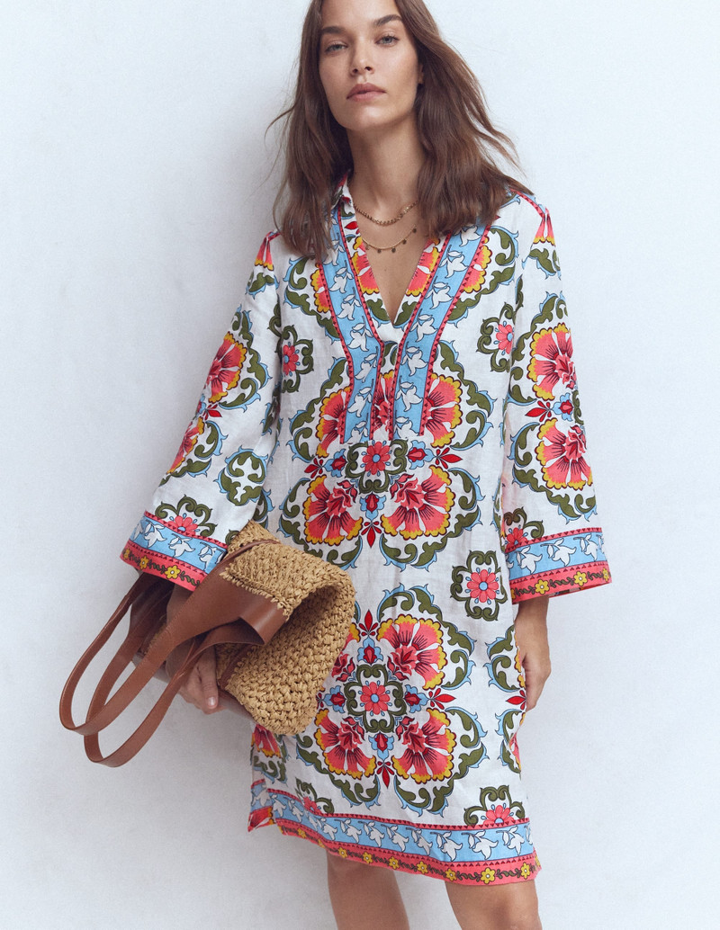 Carmen Linen Short Dress-Multi, Ornamental Trellis - 1