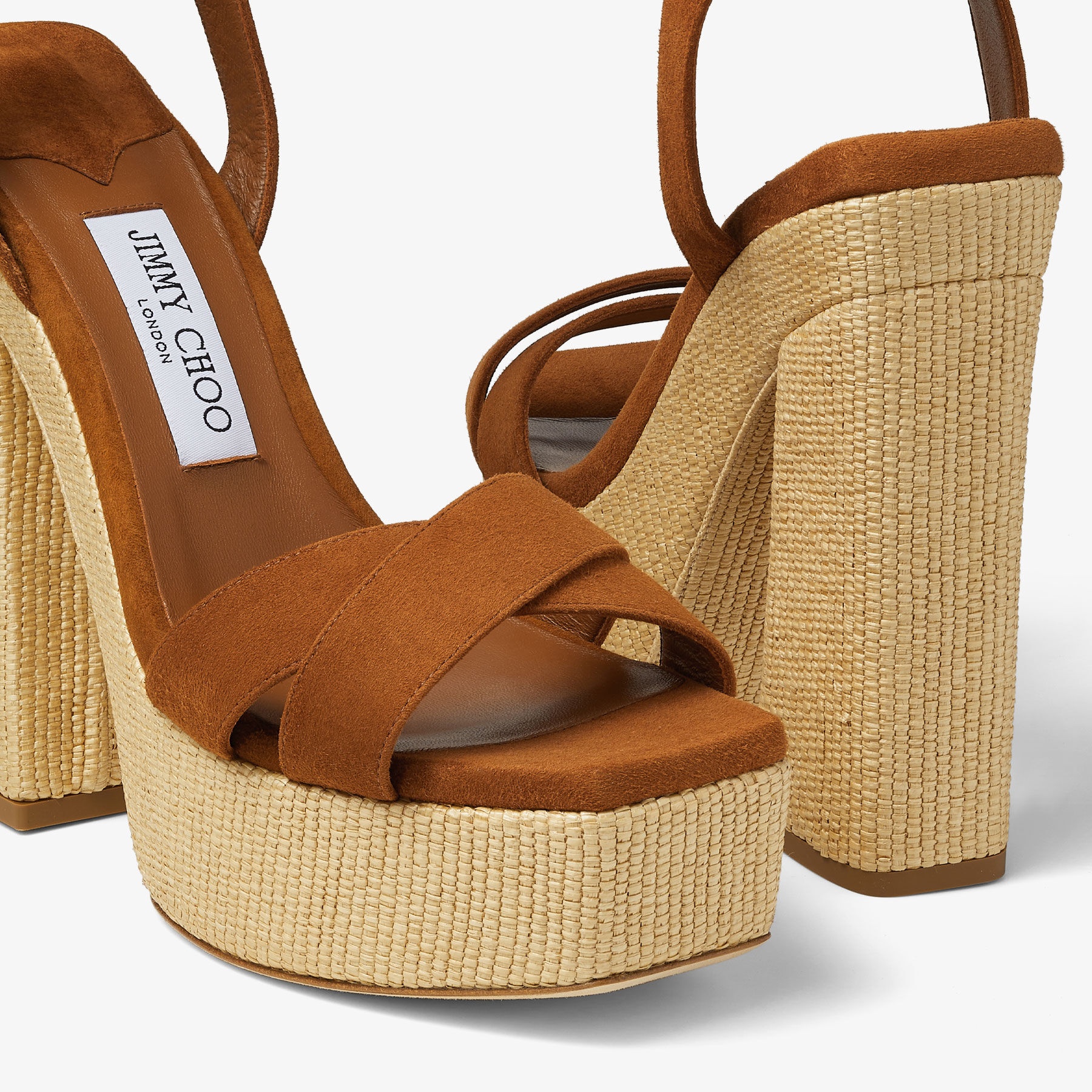 JIMMY CHOO Gaia 140 Tan Suede and Natural Raffia Platform
