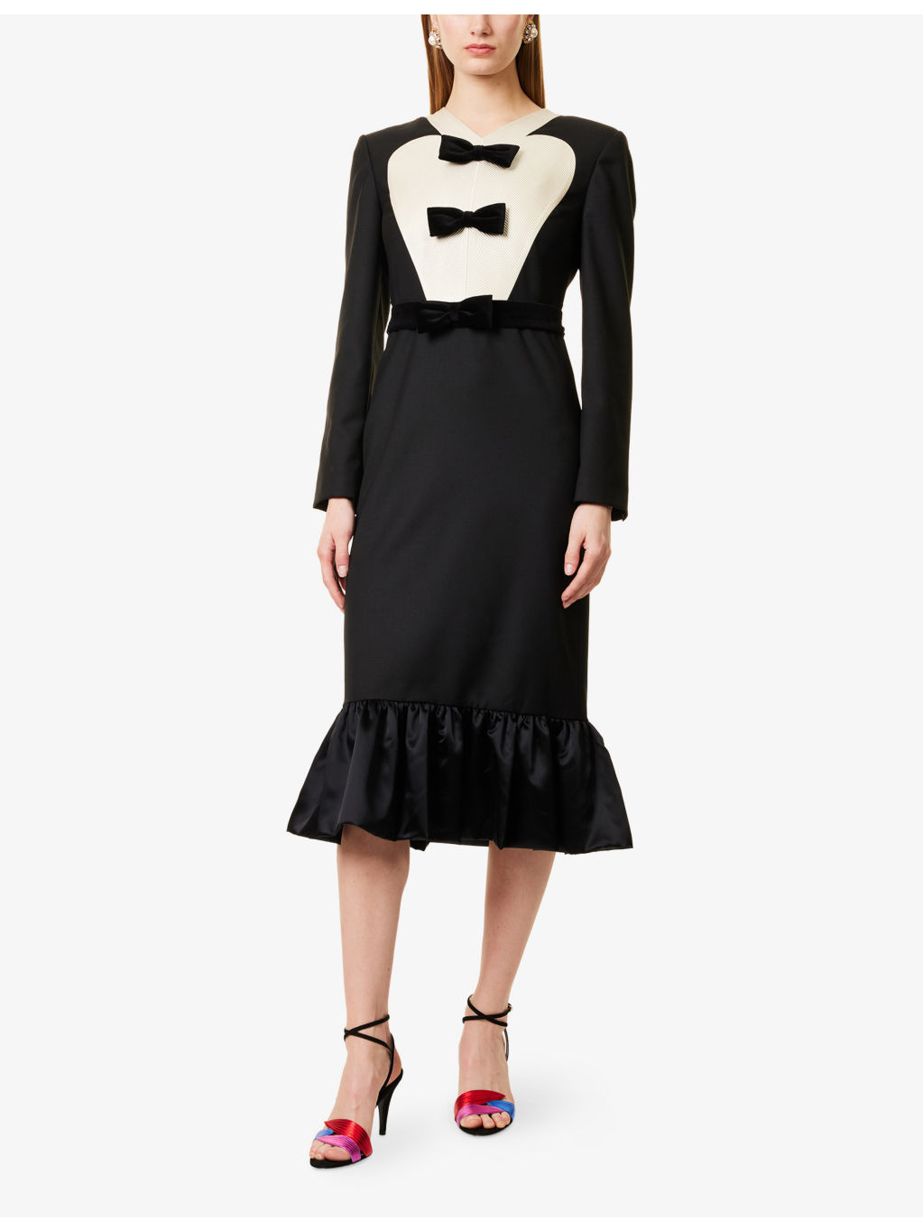 Bow-Embellishment Ruffled-Hem Wool Midi Dress - 3