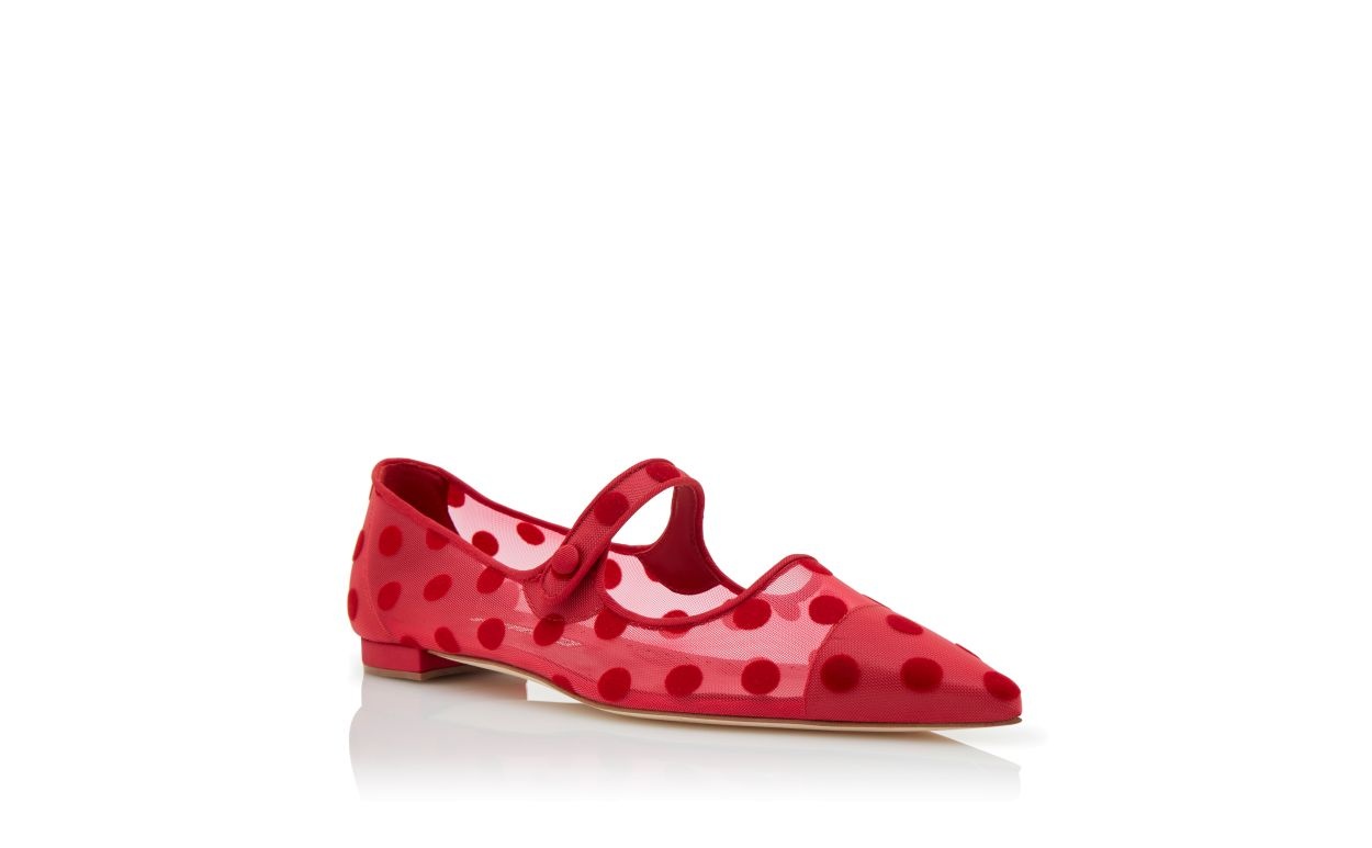 Red Mesh Polka Dot Mary Jane Flat Pumps - 3