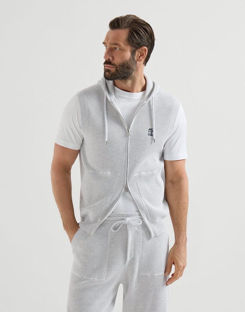 Cotton English rib knit hooded vest with logo and zipper 2