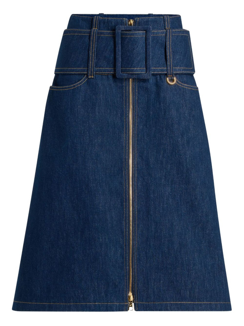 zip-front belted denim skirt 1