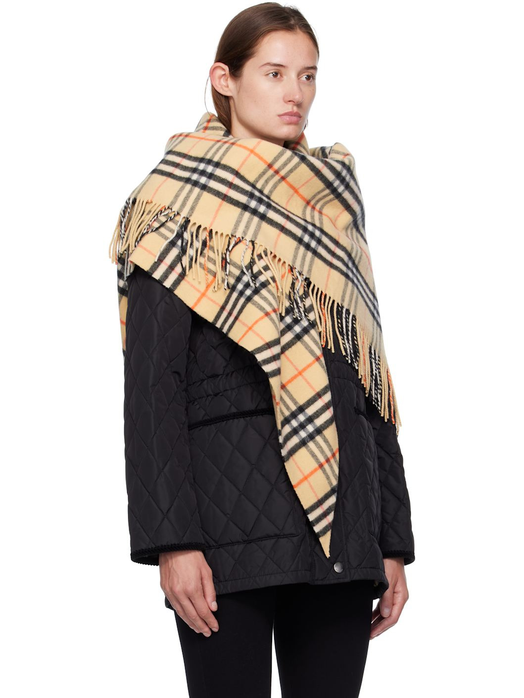 Beige Check Wool Cashmere Cape - 2