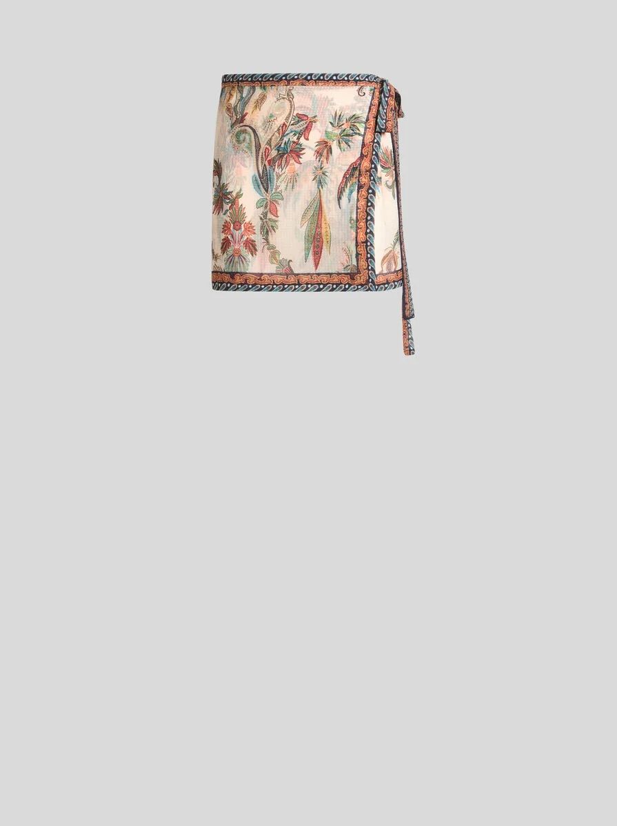 SEERSUCKER COVER-UP MINI SKIRT WITH PAISLEY FOLIAGE MOTIF - 1
