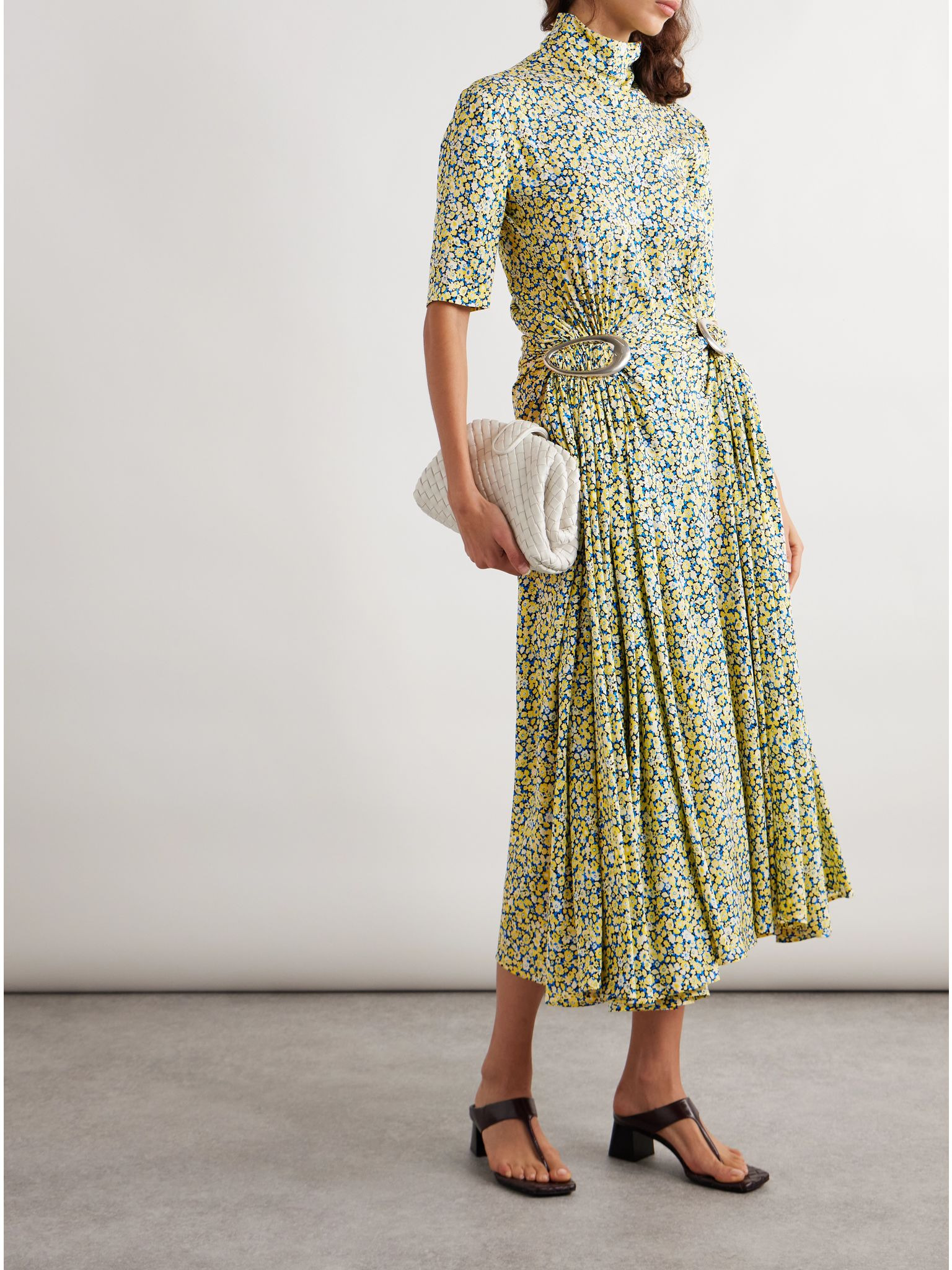 Embellished gathered pleated floral-print crepe turtleneck midi dress Multi - 2