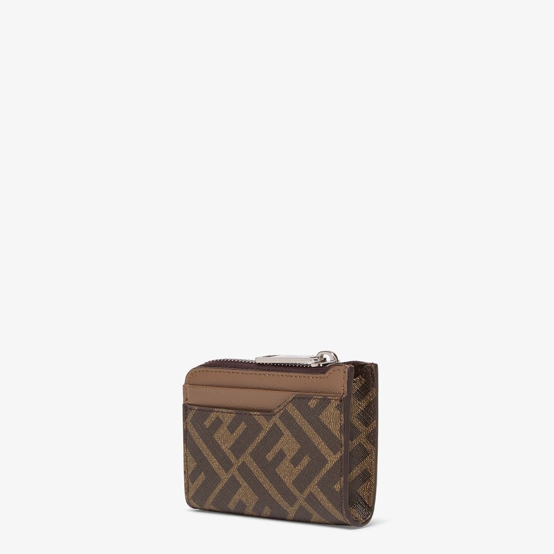 Card holder with L-shaped zip closure. Made of textured fabric with brown diagonal FF motif. Embelli - 2