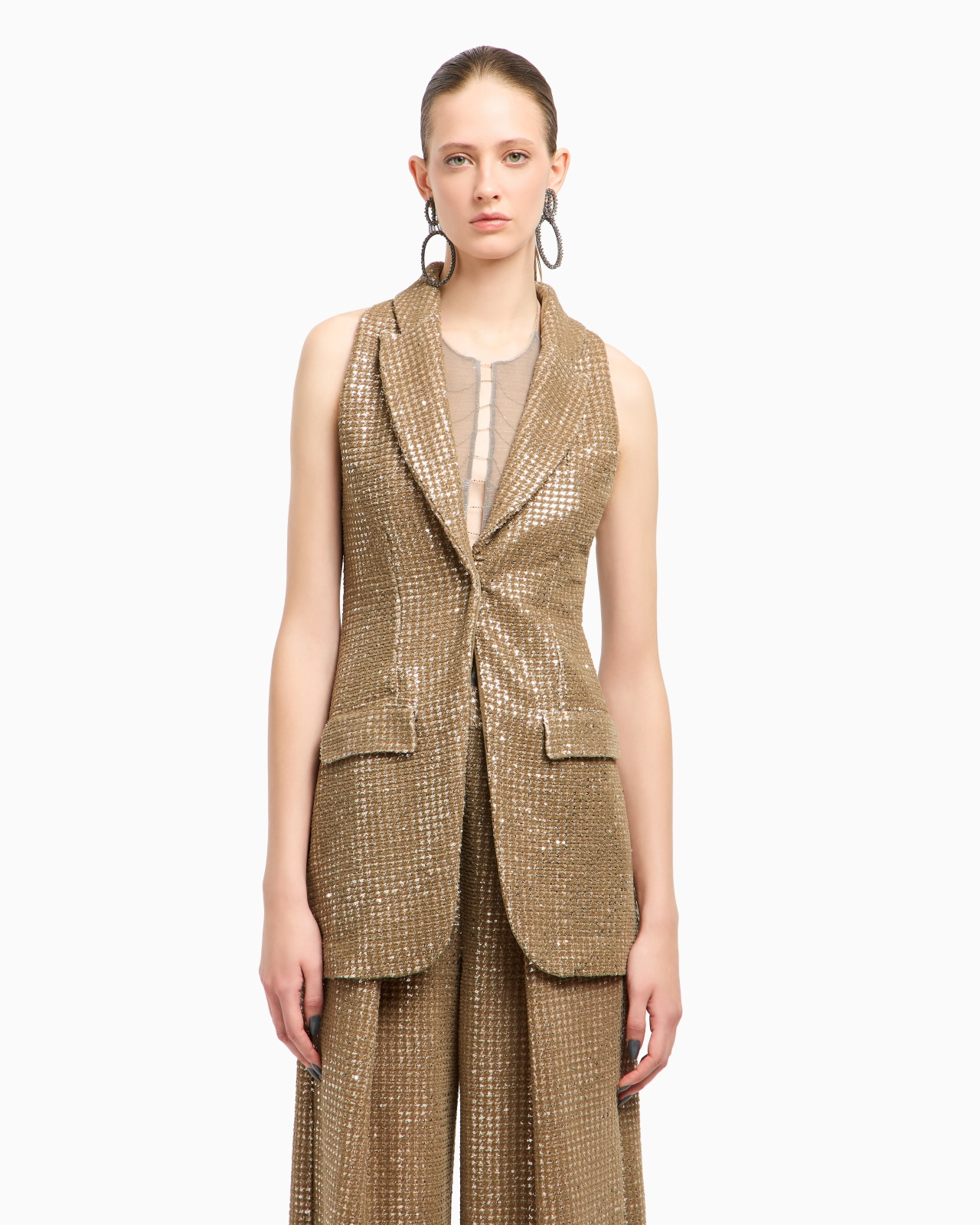 LONG JERSEY WAISTCOAT WITH A FLOCKED PRINT AND SEQUINS - 4