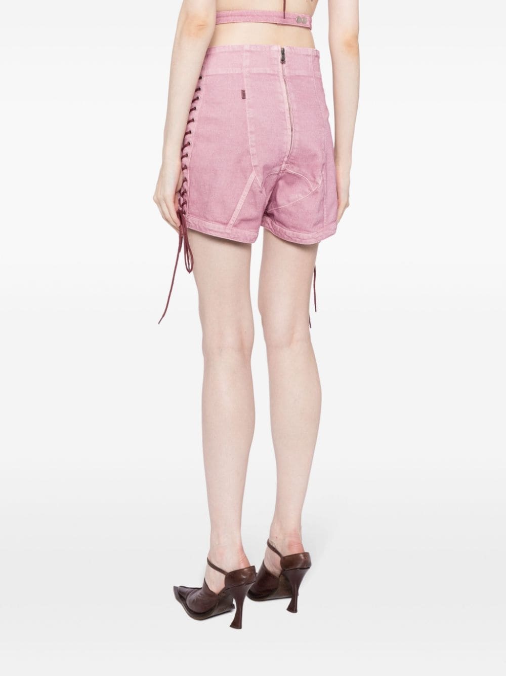 lace-up denim shorts - 4