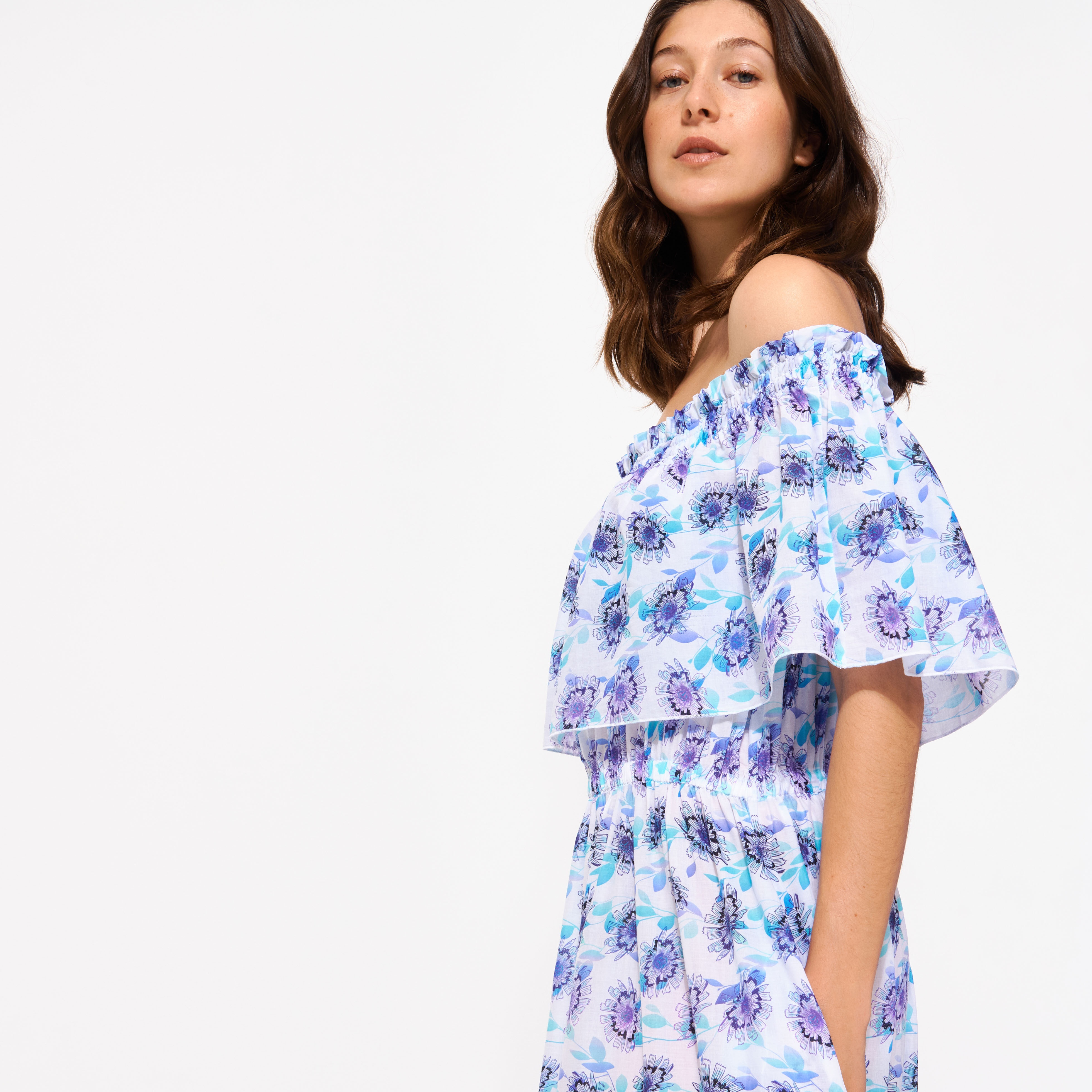 Women Long Off the Shoulders Cotton Dress Flash Flowers - 5