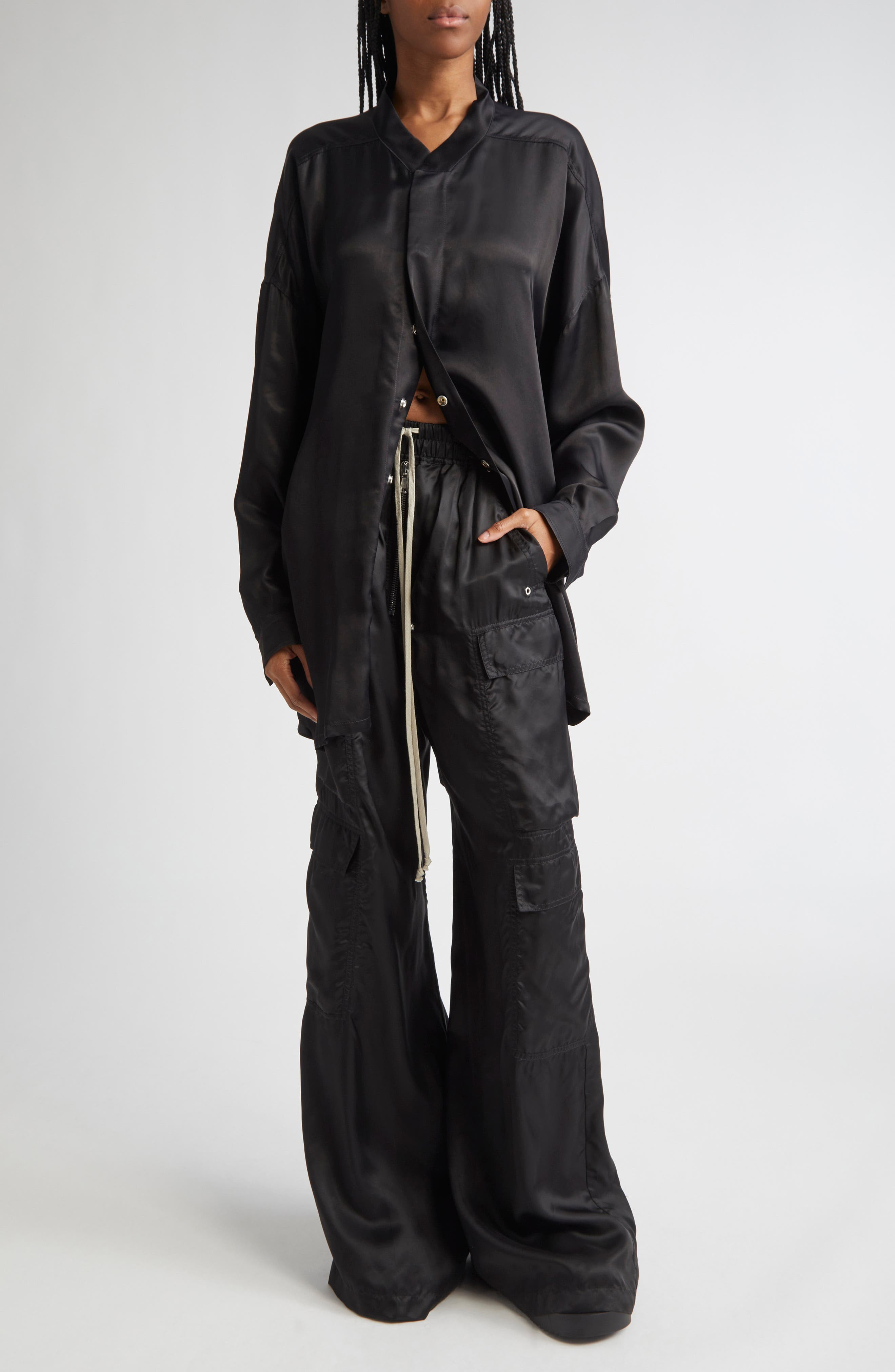 Rick Owens Long Sleeve Belted Satin Minidress in Black at Nordstrom - 2