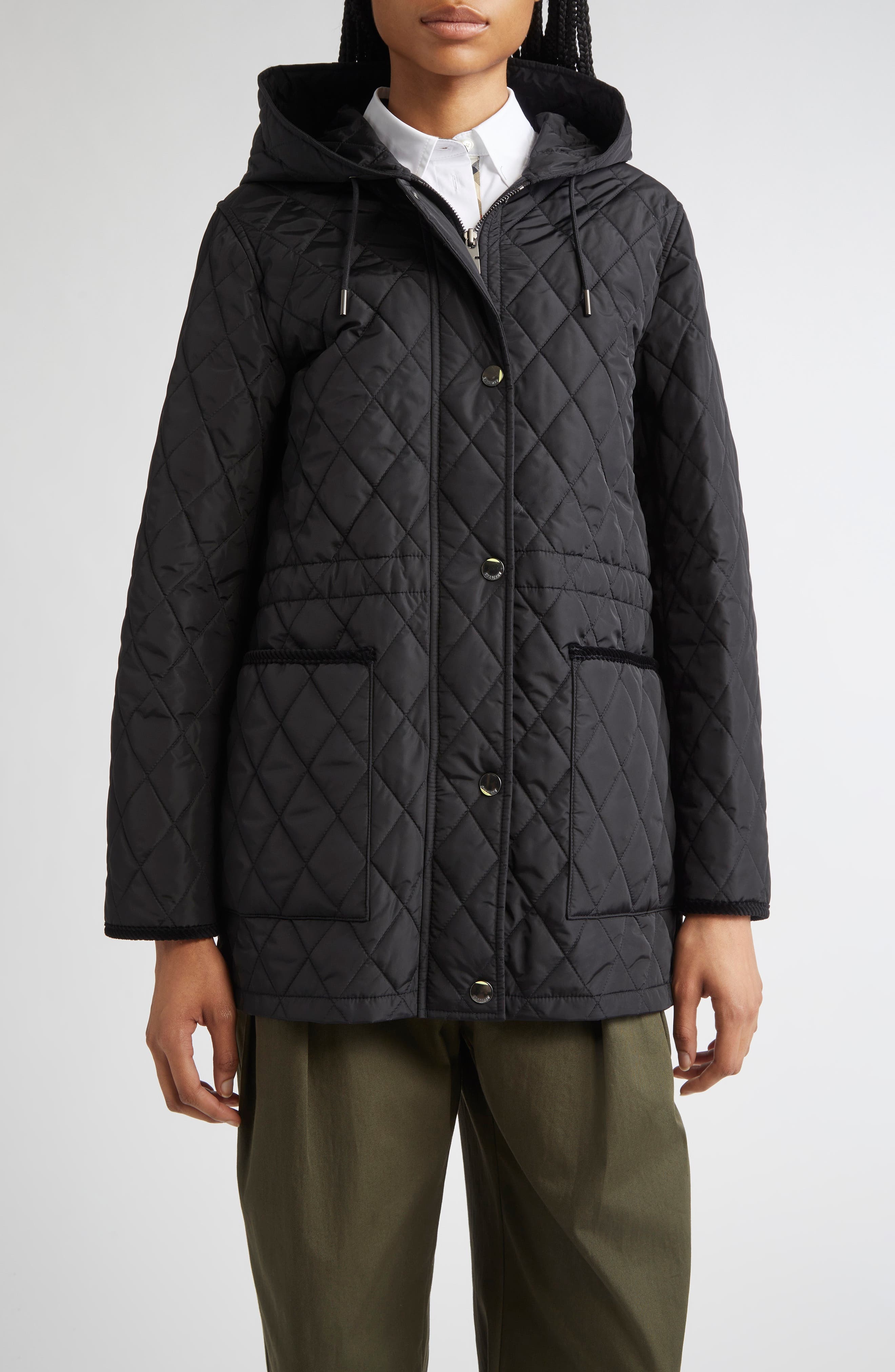 burberry Bromley Hooded Quilted Jacket in Black/Sand Ip Check at Nordstrom - 1