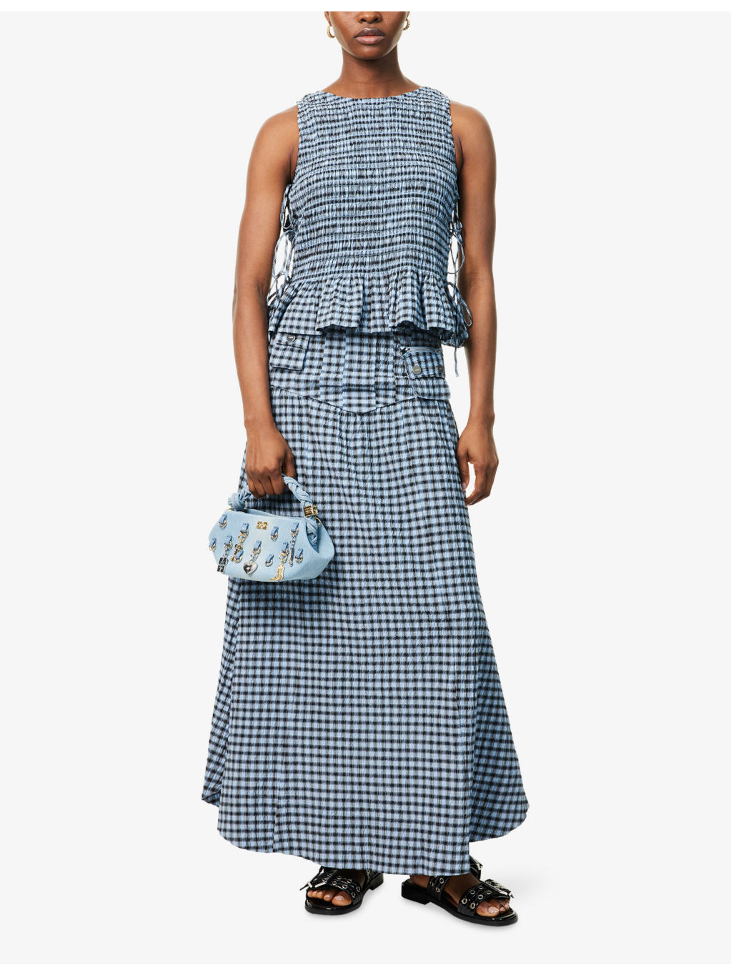 Seersucker Pocket-Front Check Woven Maxi Skirt - 2