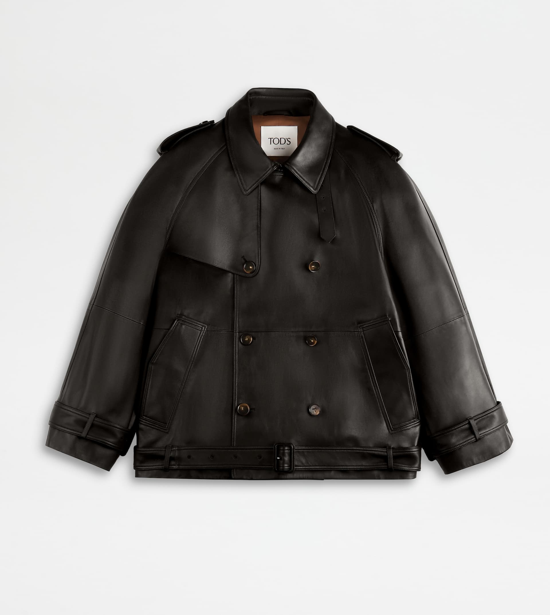 COMFORT FIT SHORT TRENCH COAT IN LEATHER - BROWN - 1