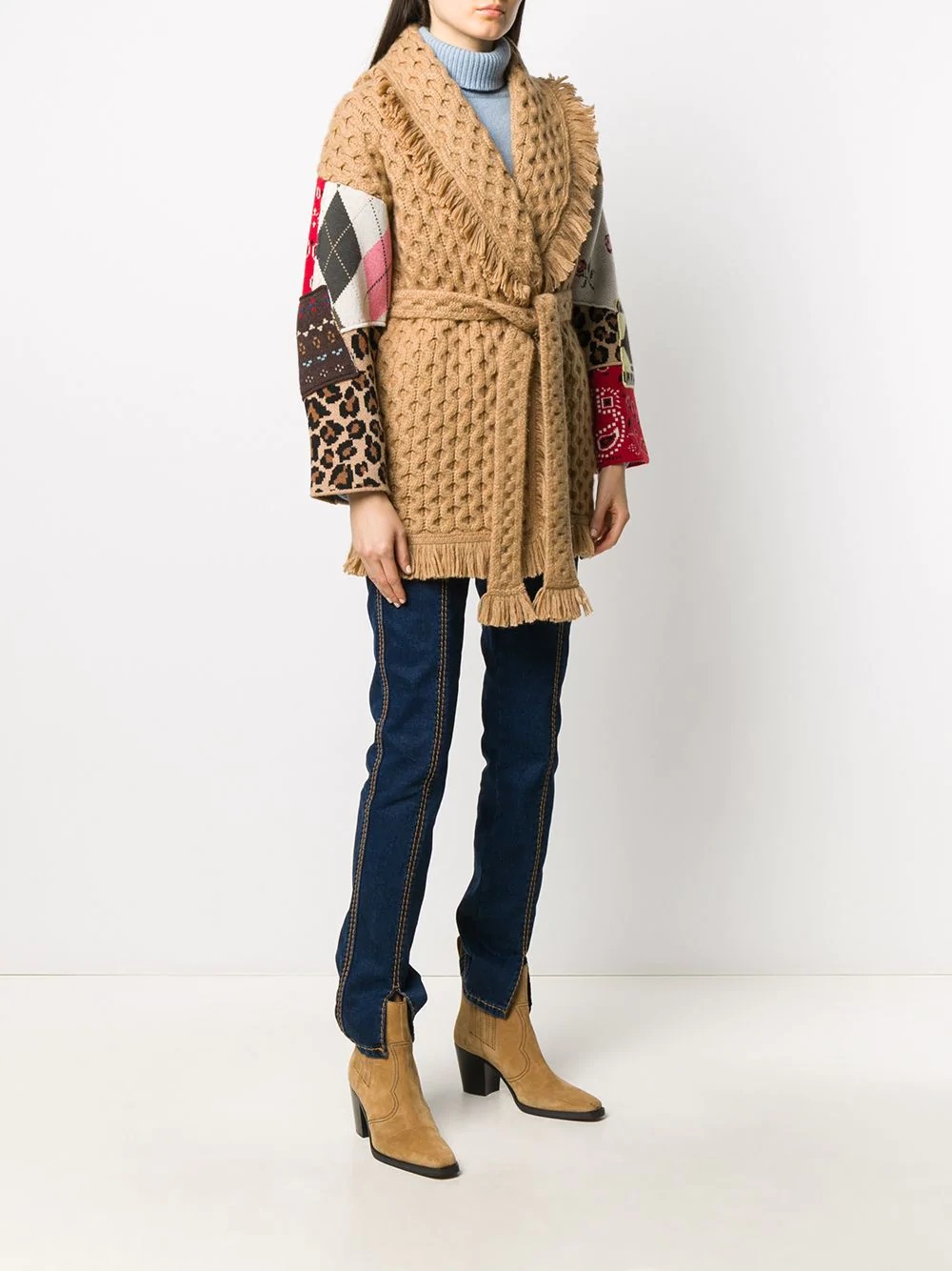 cable-knit patchwork-sleeve coat - 3