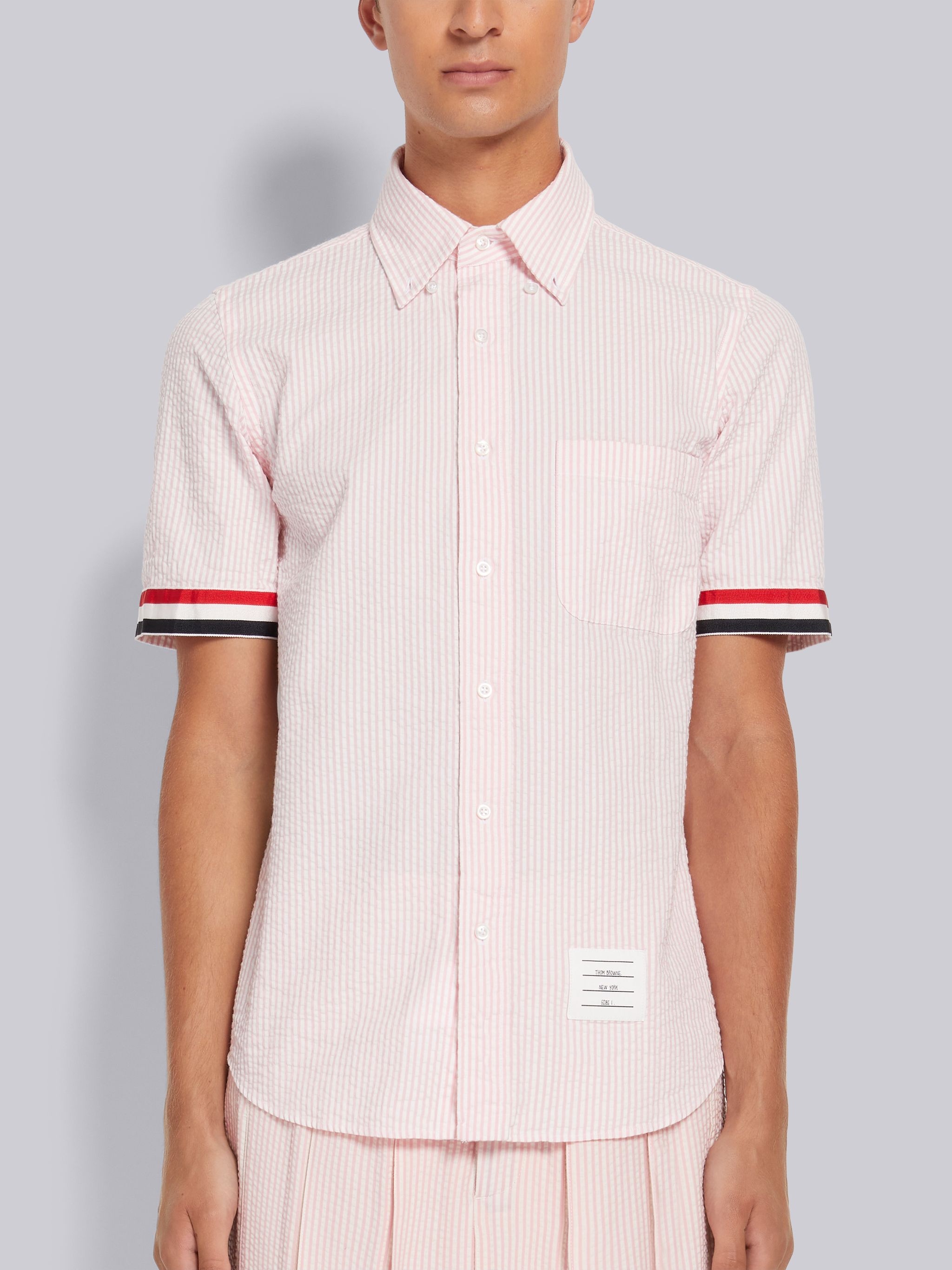 Light Pink Seersucker Grosgrain Cuff Point Collar Straight Fit Short Sleeve Shirt - 3