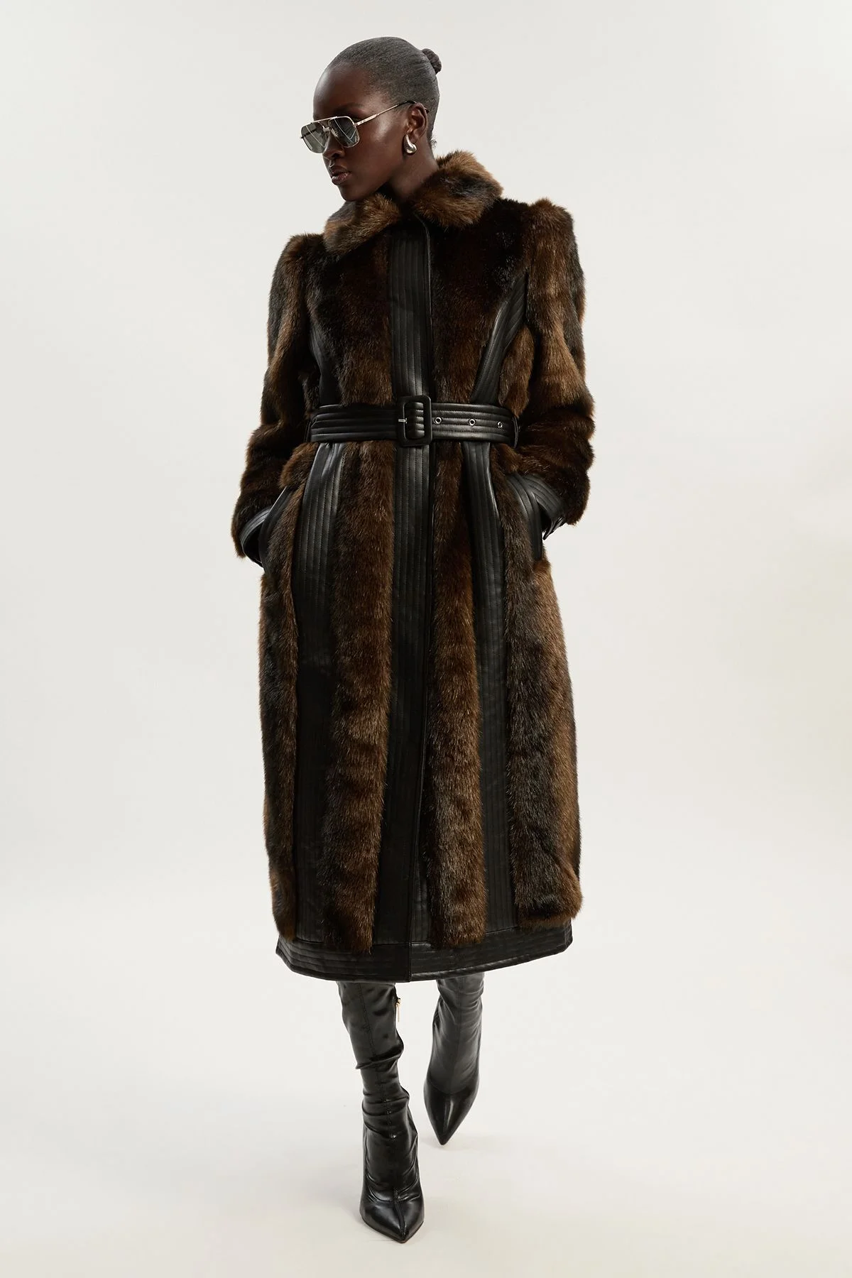 Petite Faux Fur PU Panelled Belted Midi Coat - 1