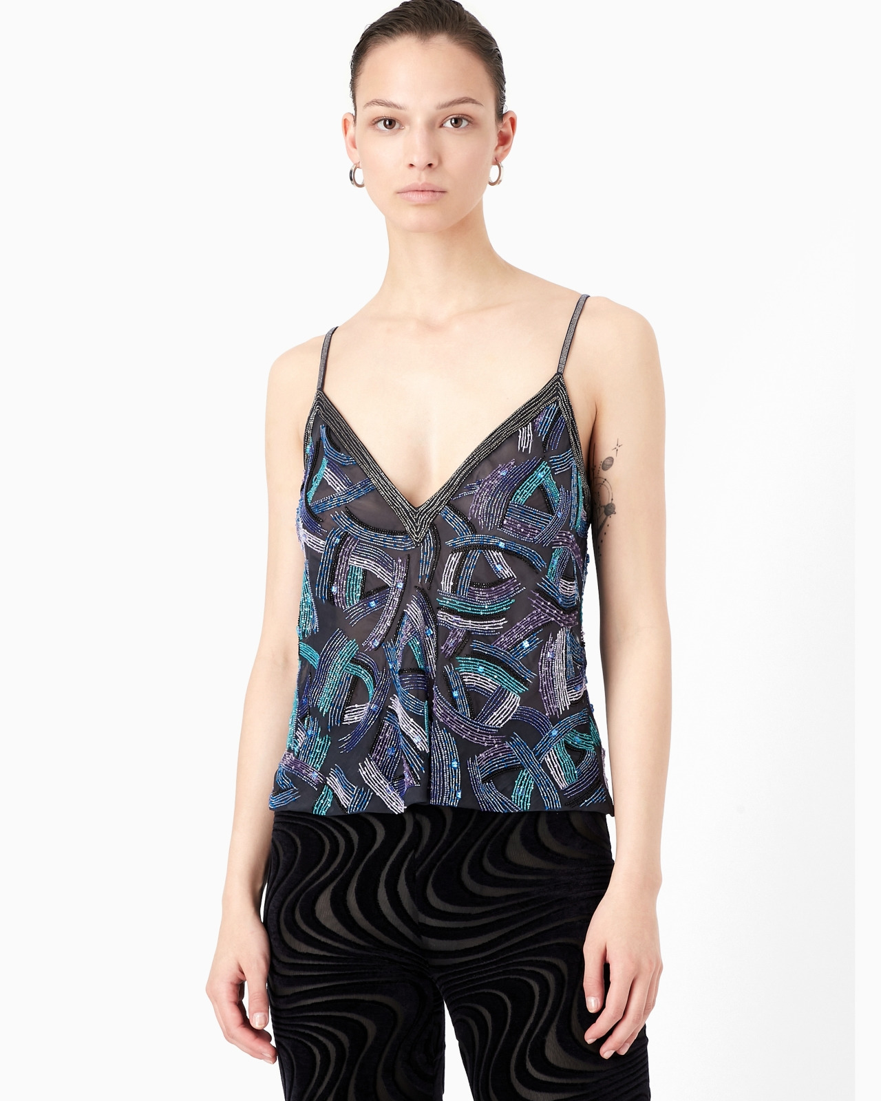 Embroidered silk organza V-neck top - 2