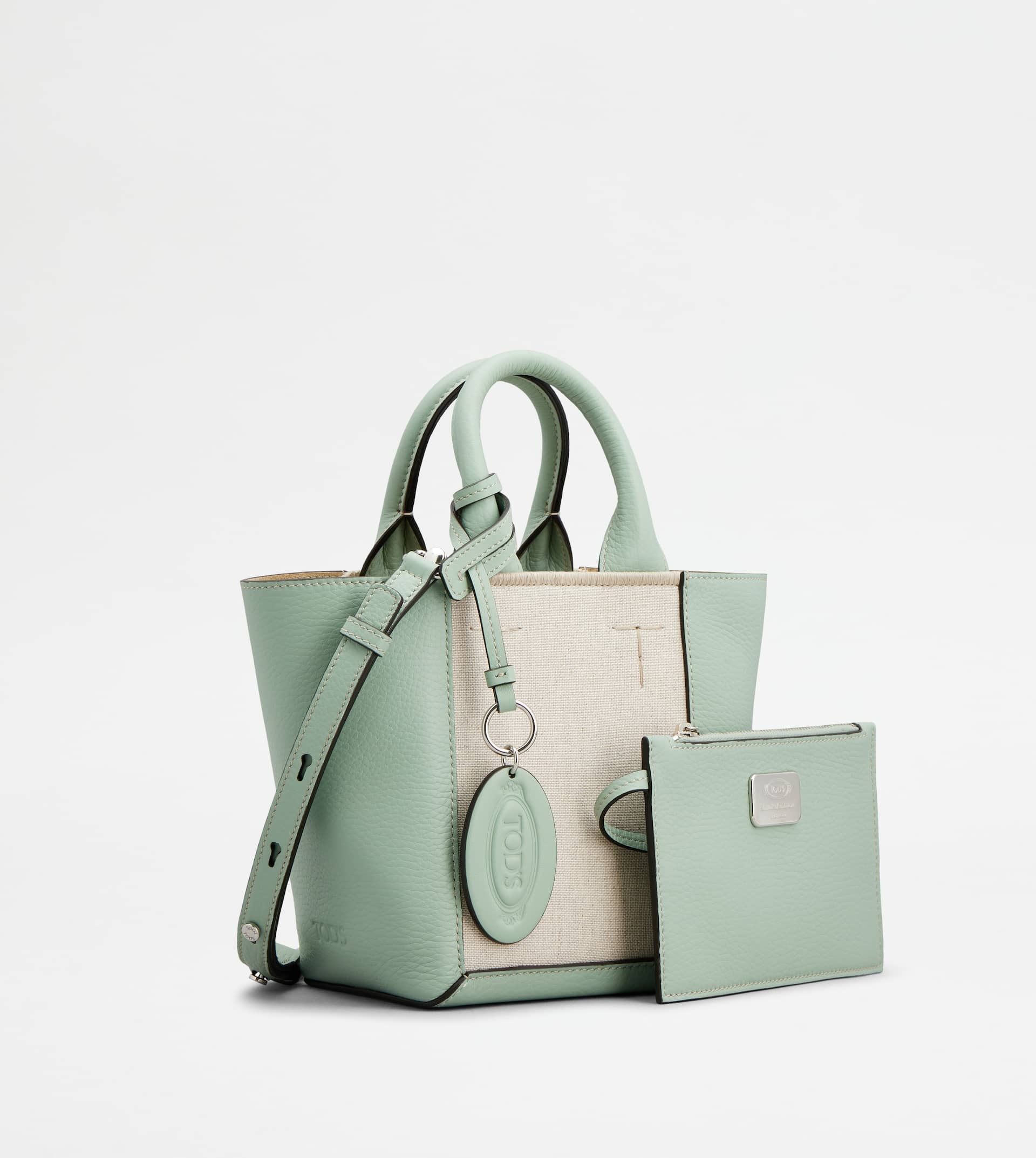 TOD'S DOUBLE UP SHOPPING BAG IN LEATHER AND CANVAS MINI - BEIGE, GREEN - 3