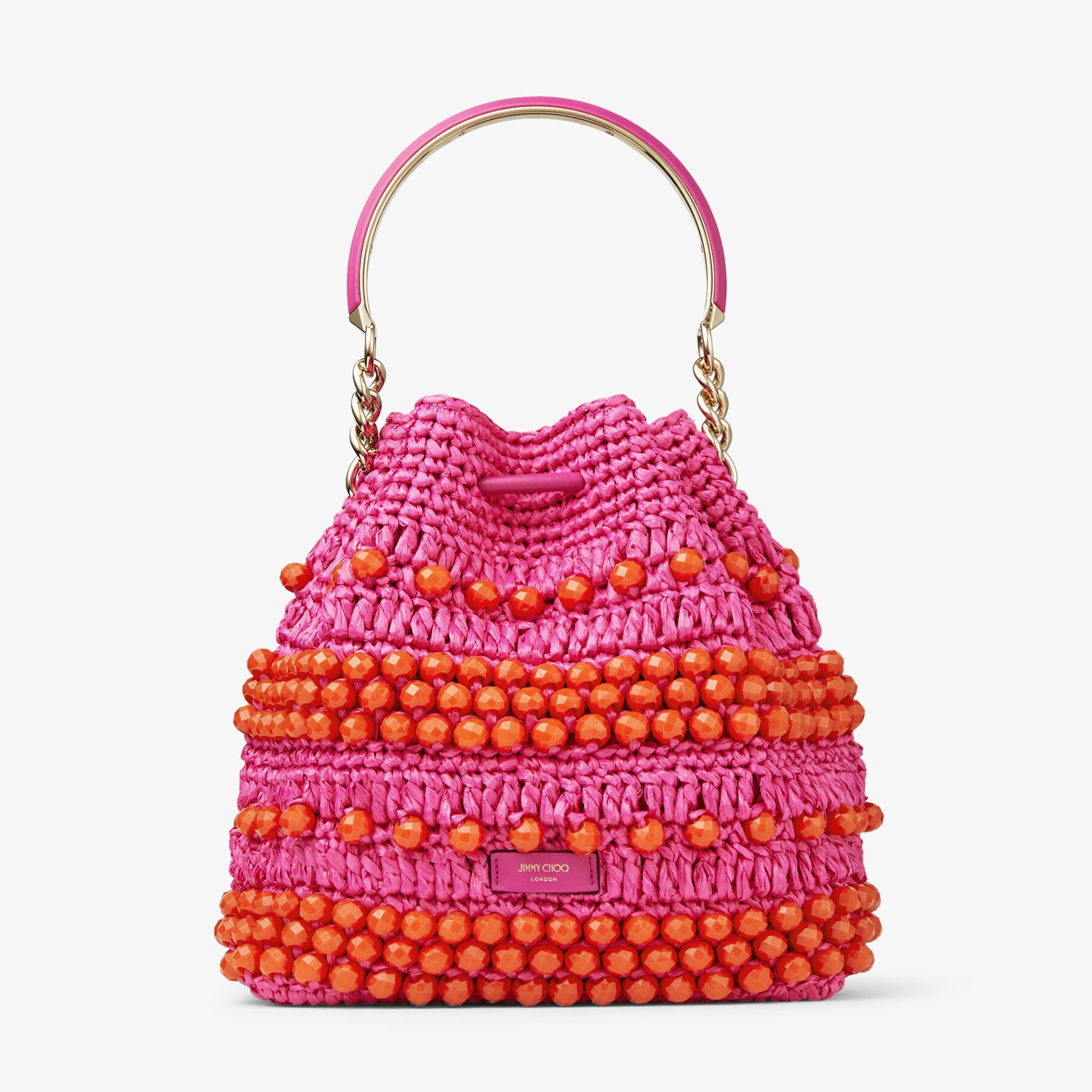 Bon Bon Bucket
Fuchsia Beaded Raffia and Smooth Leather Tote Bag - 7