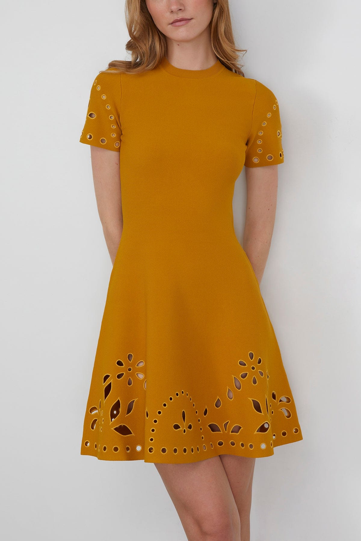 Fania Short Sleeve Knit Mini Dress in Goldenrod - 3