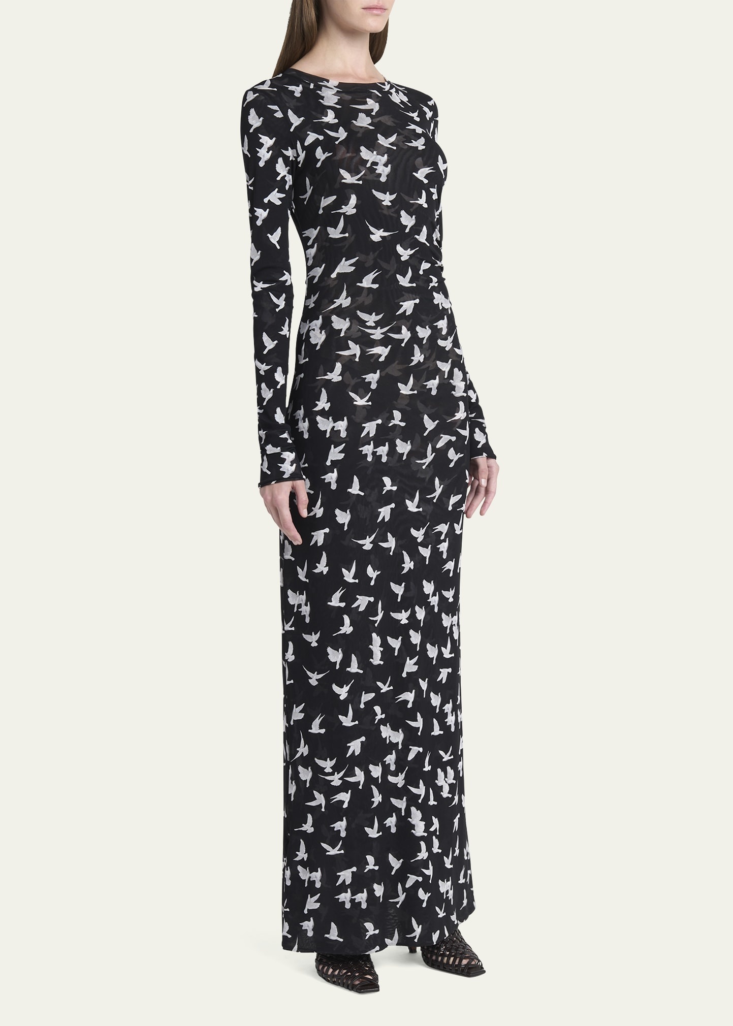 Long Mesh Bird Print Dress - 4