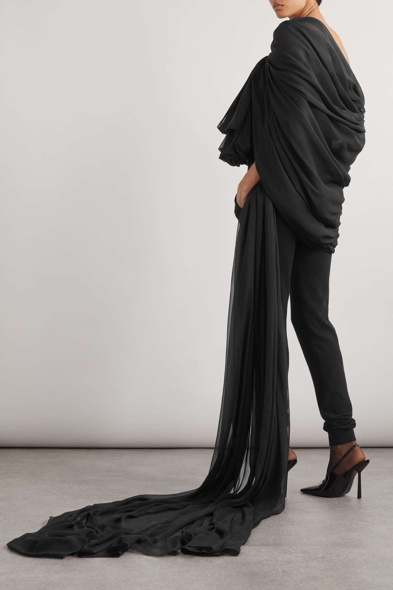 One-shoulder draped silk-mousseline top - 3