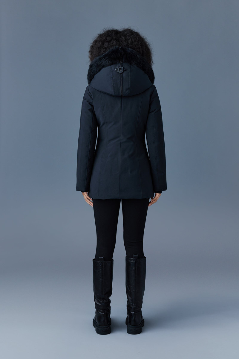AKIVA down coat with blue fox fur trimmed hood 4