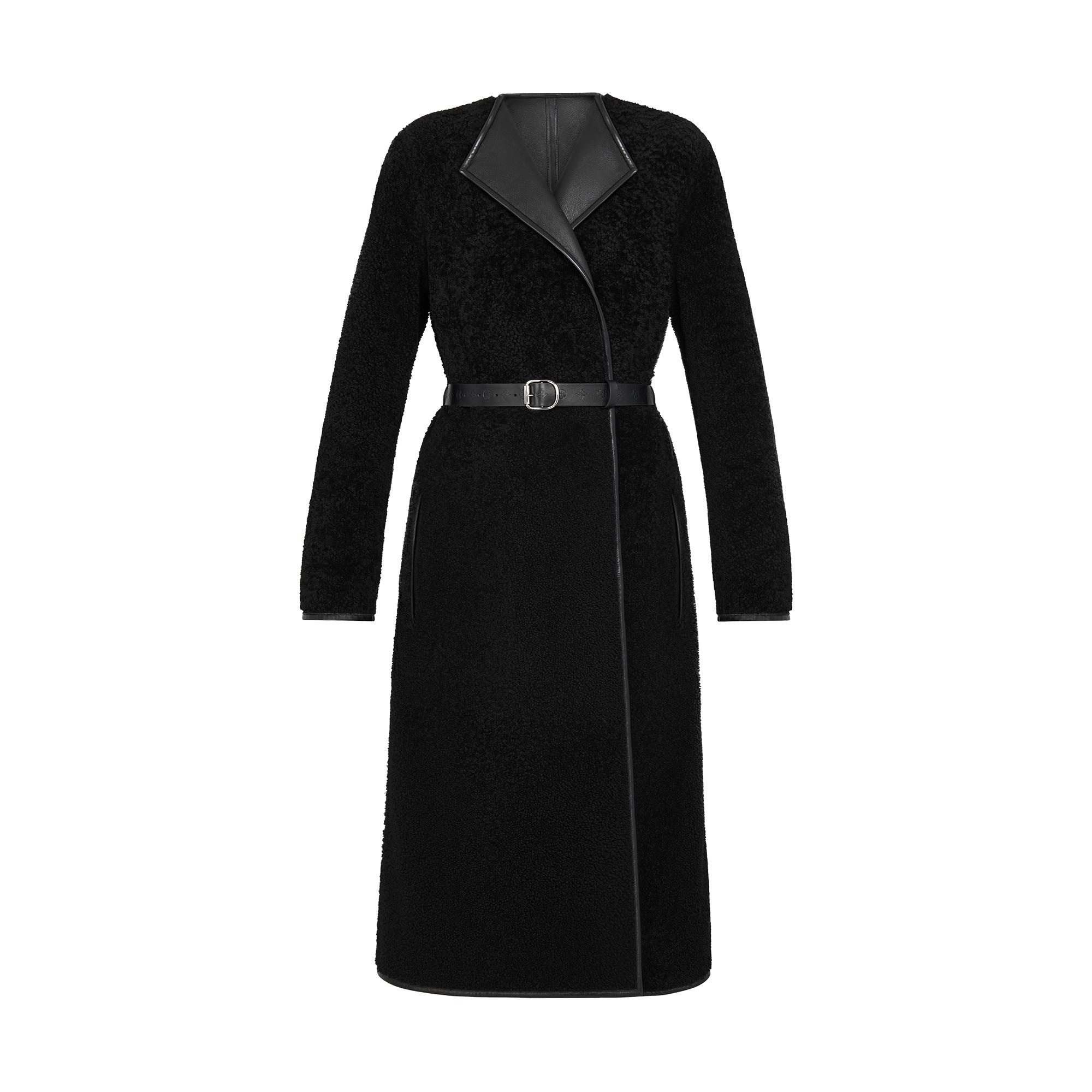 Black Wrap Coat In Merino Shearling - 1