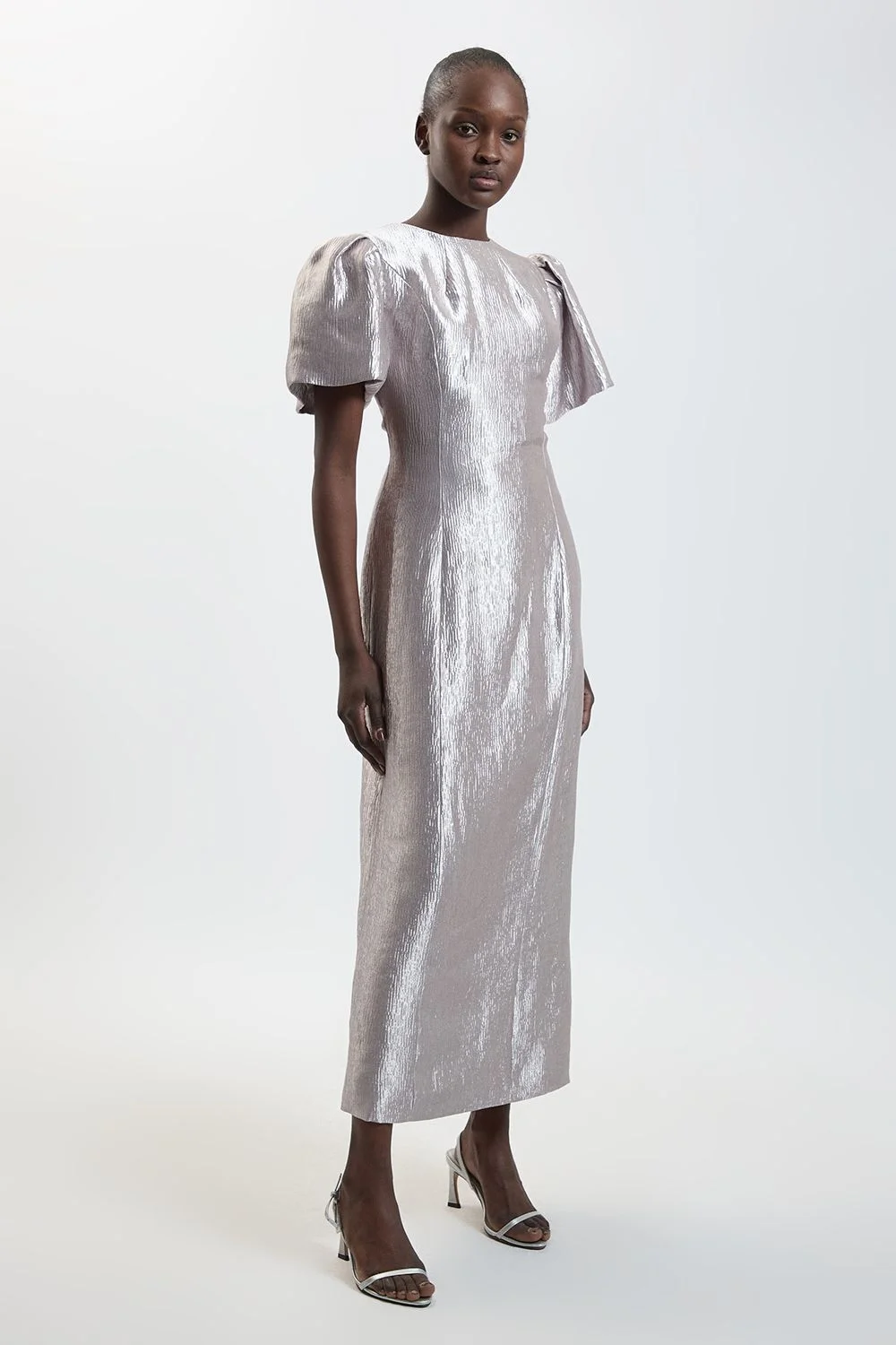 Puff Sleeve Metallic Textured Midi Dress - 1