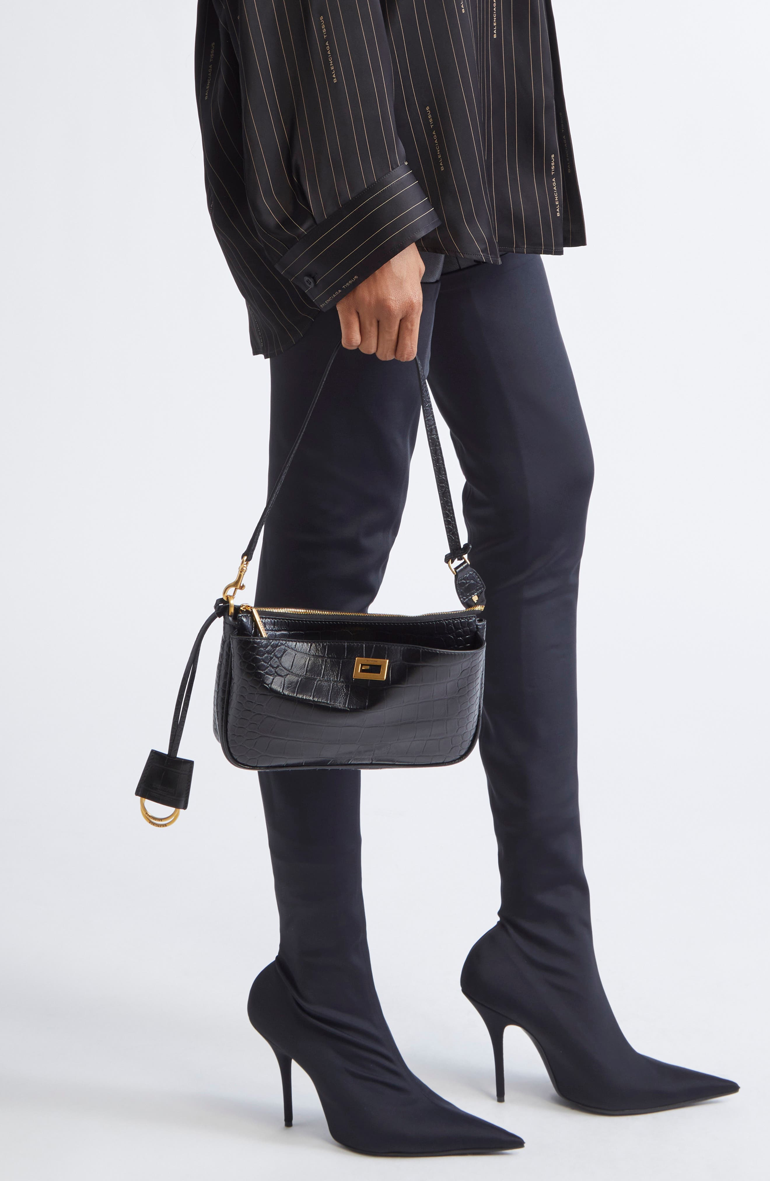 Balenciaga Rodeo Sling Croc Embossed Leather Pouchette in Black at Nordstrom - 2